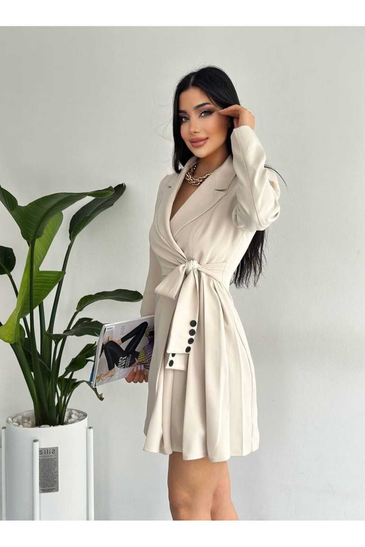 Robe veste en pierre avec plis latéraux et détails boutons pour femme - Görsel 2