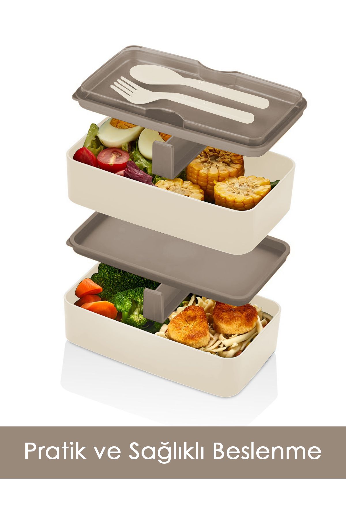 Meleni Home-2-Layer Adjustable Rectangular Lunch Box - Food Storage Box with Fork and Spoon Serving Beige 3
