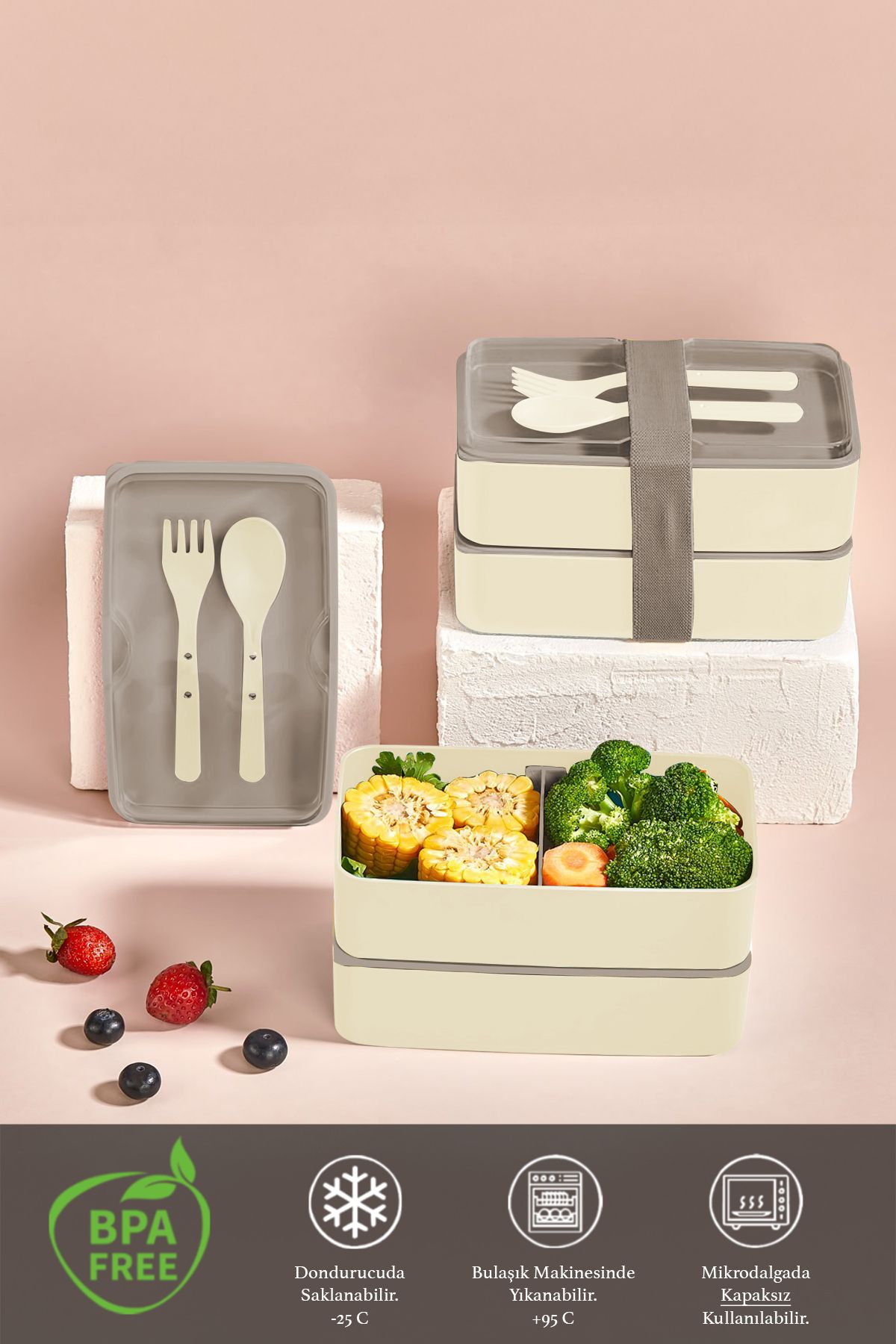 Meleni Home-2-Layer Adjustable Rectangular Lunch Box - Food Storage Box with Fork and Spoon Serving Beige 2