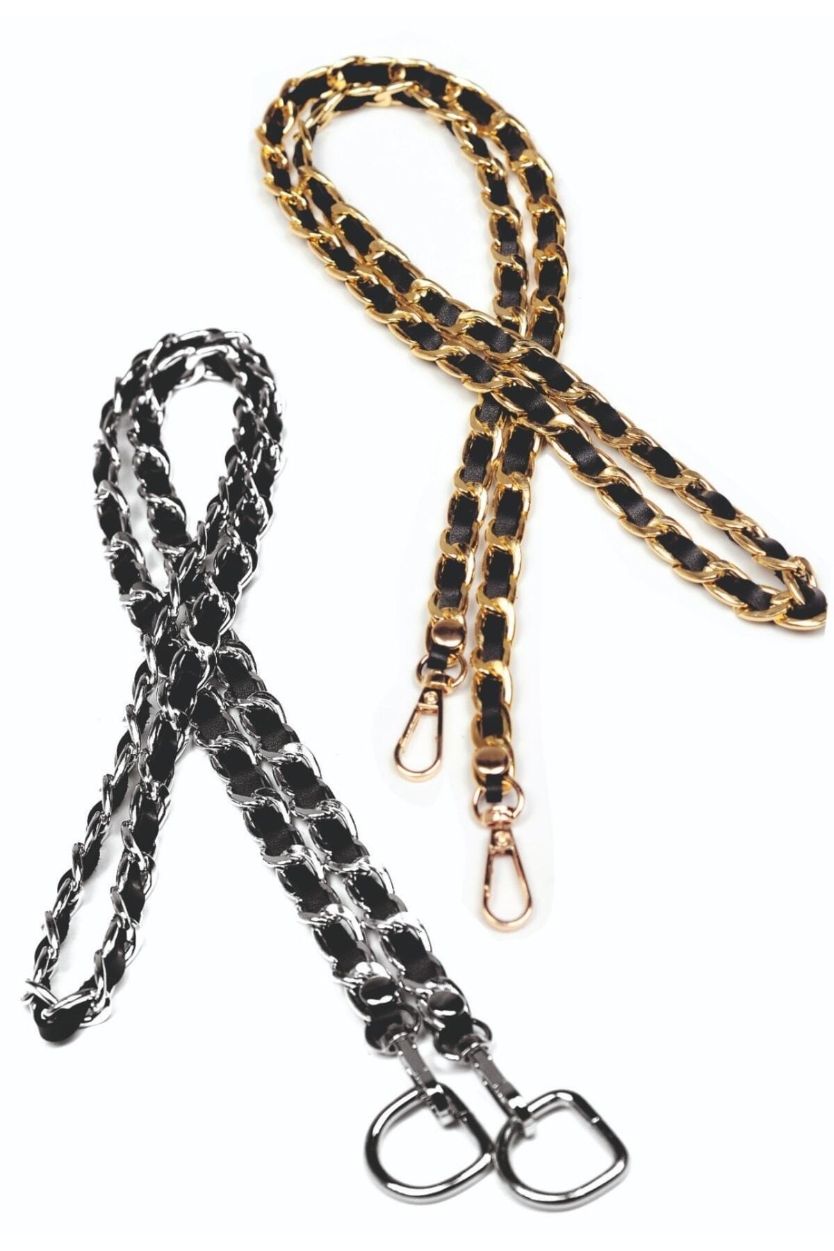 Nildenhobim Siyah Suni Derili Gümüş Ve Altın Renk Zincirli Çanta Askı Seti ( Ikili Set )