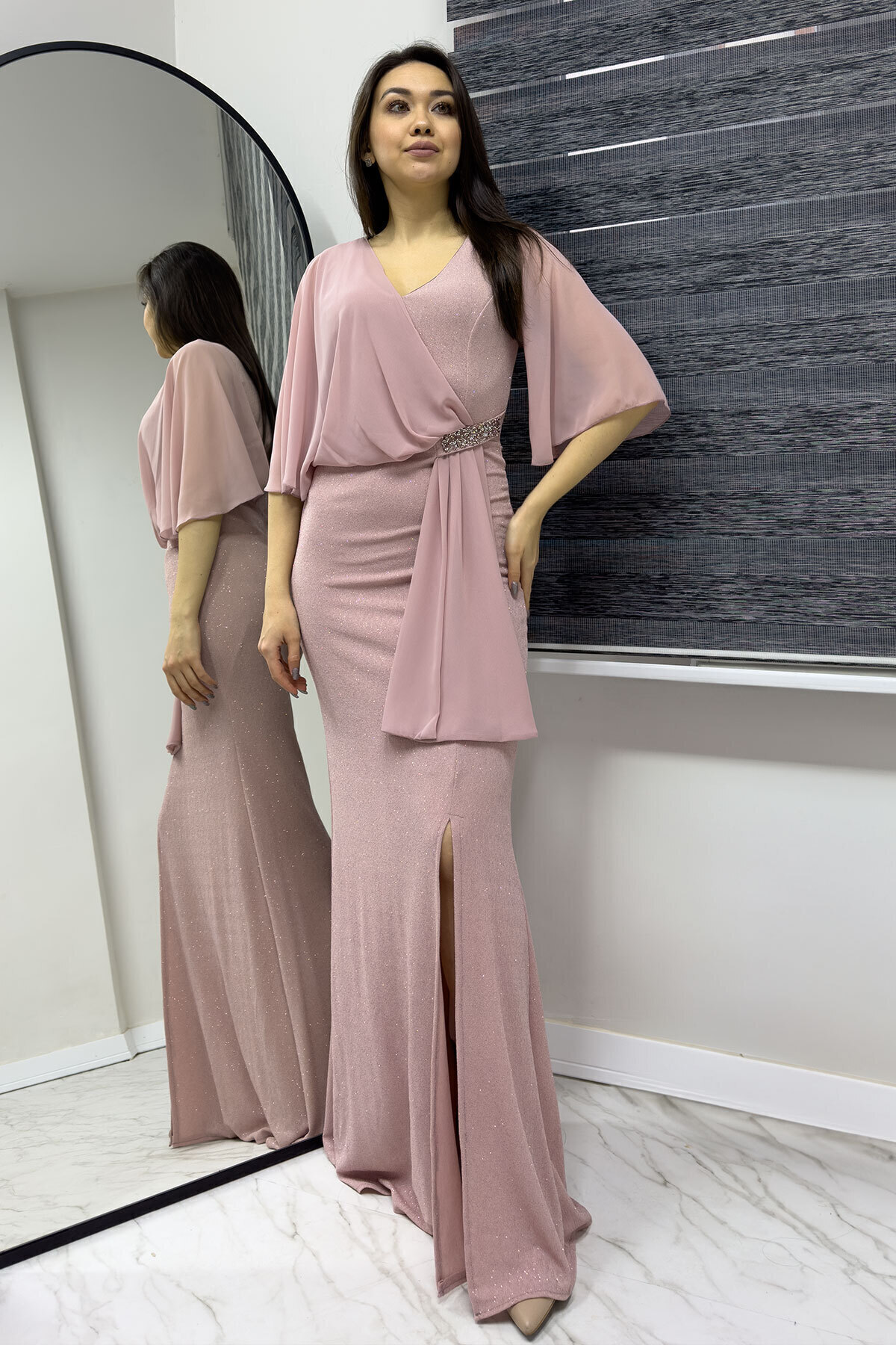 Women's Powder Short Sleeve Glitter Long Stone Deaty Plus Size New Season Evening Dress