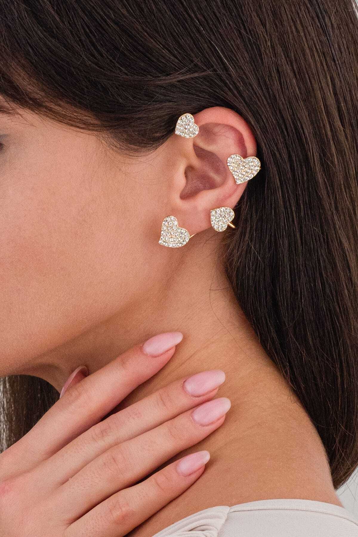 Zirkon Taşlı Kalp Earcuff Kıkırdak Küpe