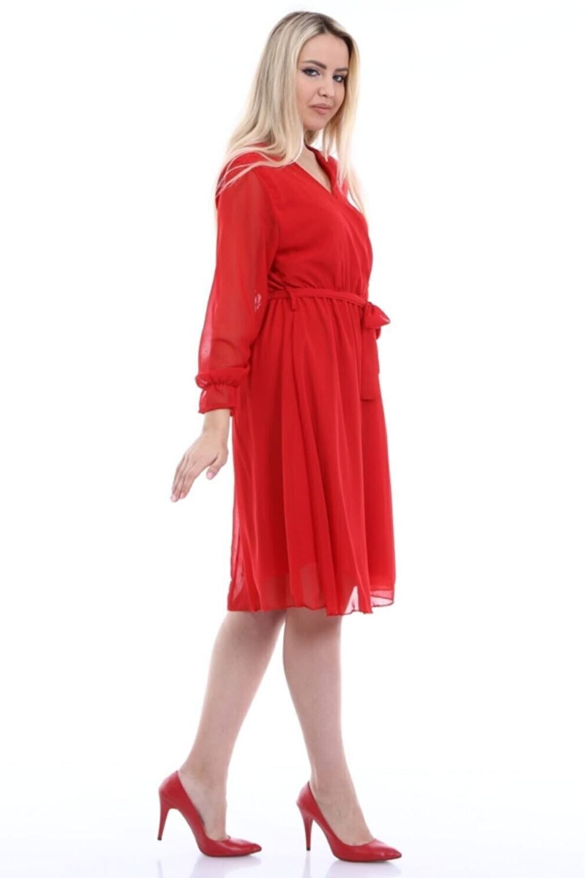 zks grup tekstil-Red Double Breasted Collar Short Lined Plus Size Chiffon Dress 4