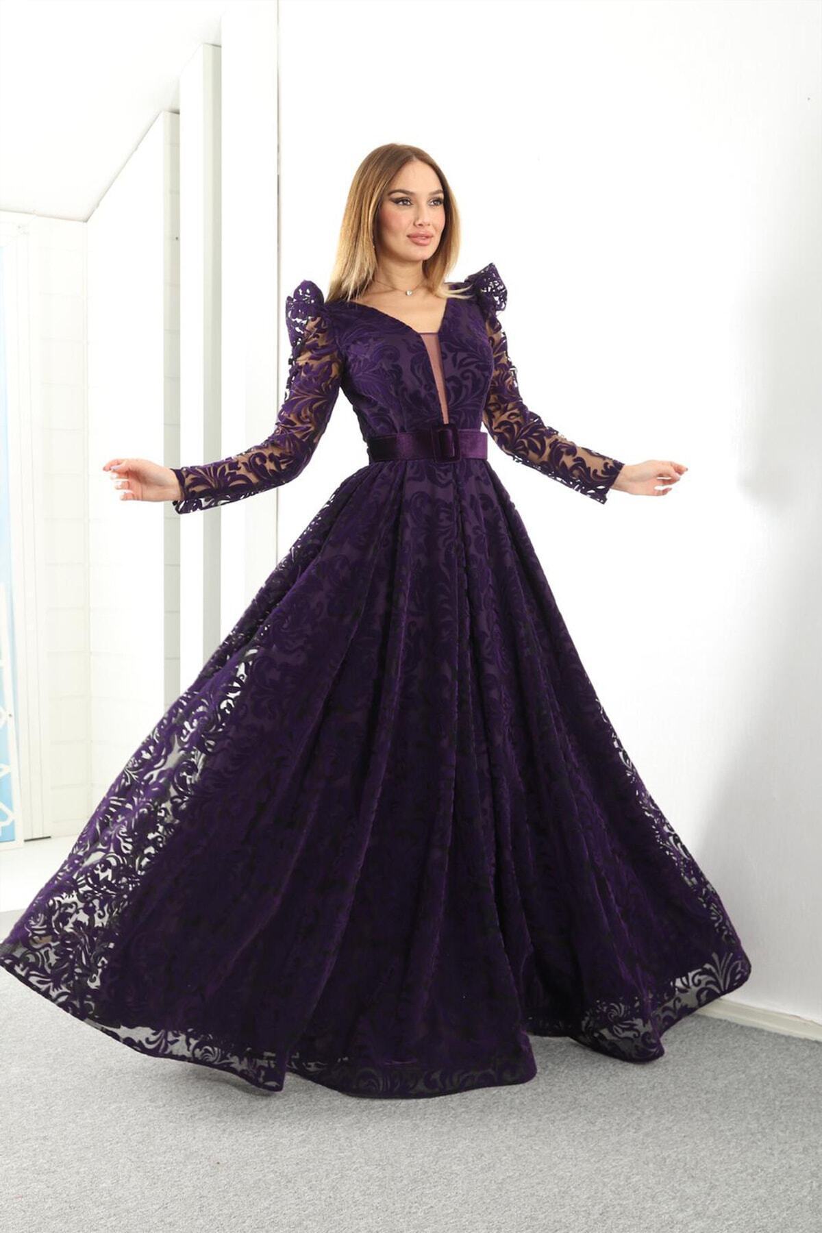 Women's Purple Flock Print Belted Plus Size Evening Dress