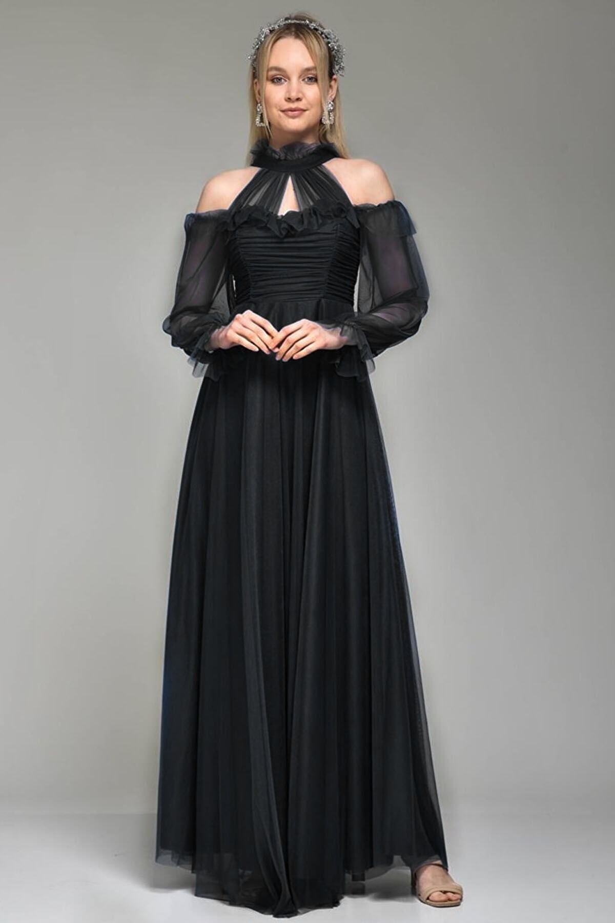 Black Tulle Draped Plus Size Evening Dress