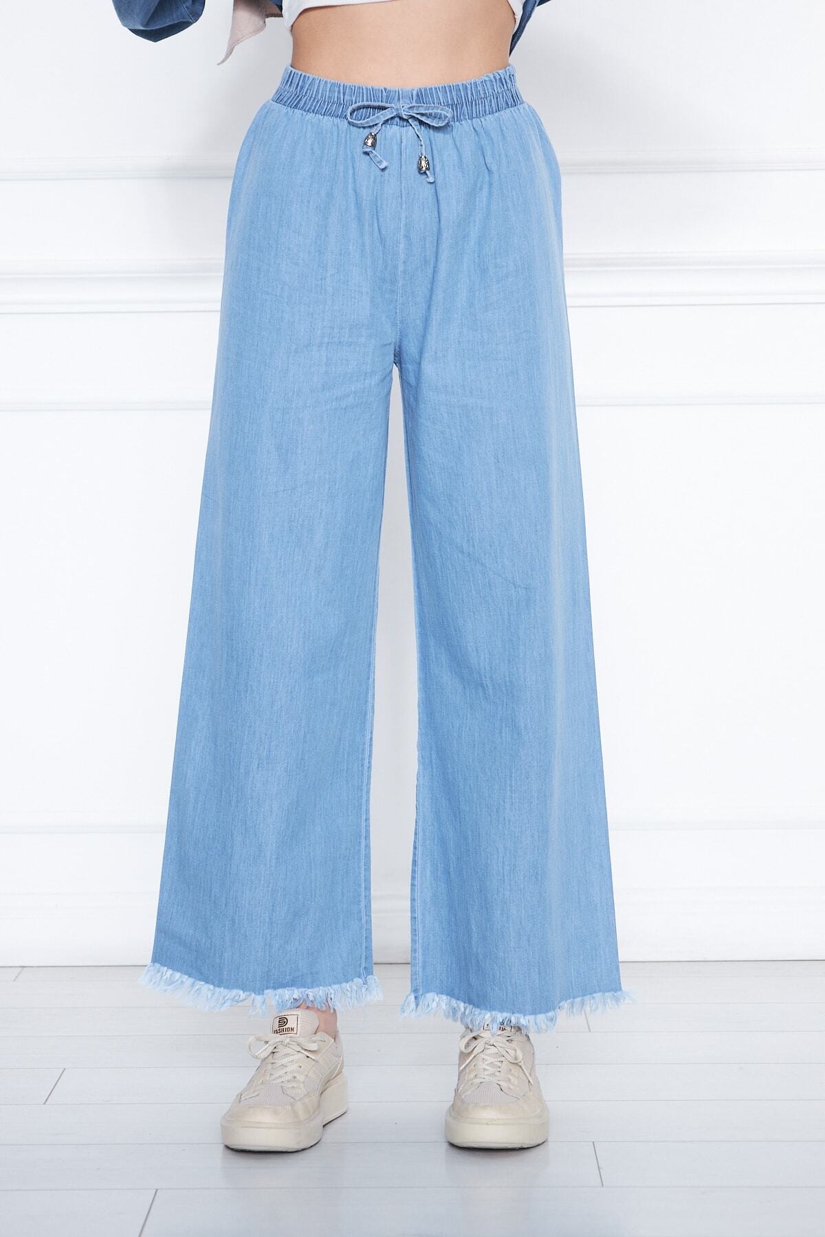 Sfg Life Moda  Kadın Mavi Yazlık Paçası Püsküllü Ve Önü Bağcıklı Şık Trend Yıkamalı Salaş Kot Pantalon