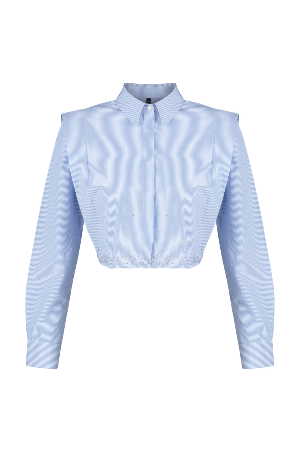 Trendyolmilla  Mavi Kolları Vatkalı Taşlı Crop Dokuma Gömlek TWOSS24GO00041 - Görsel 12