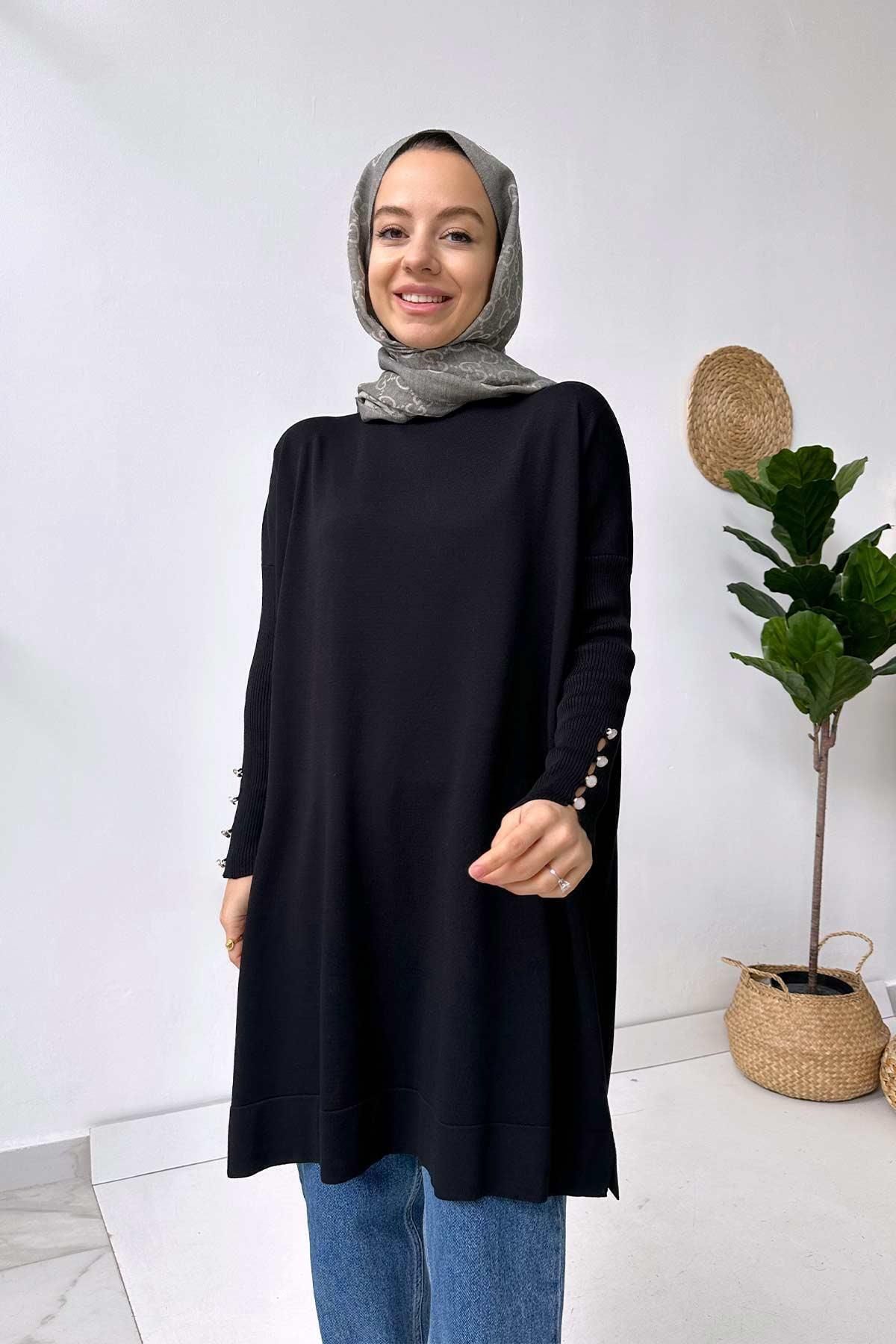 Ka Hijab Sleeve Detail Mercerized Tunic Black Trendyol