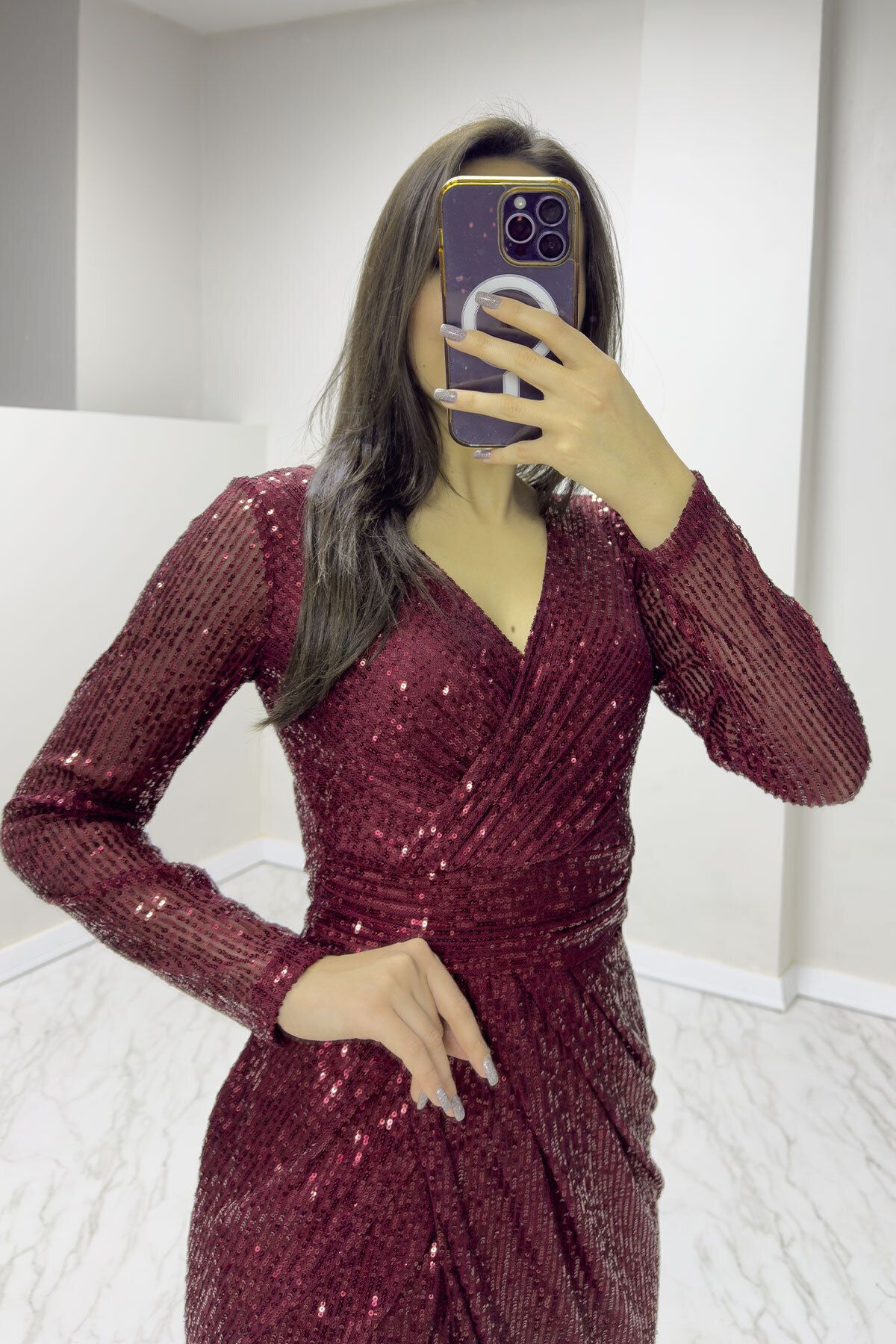 Burgundy long sleeve sequin dress hotsell