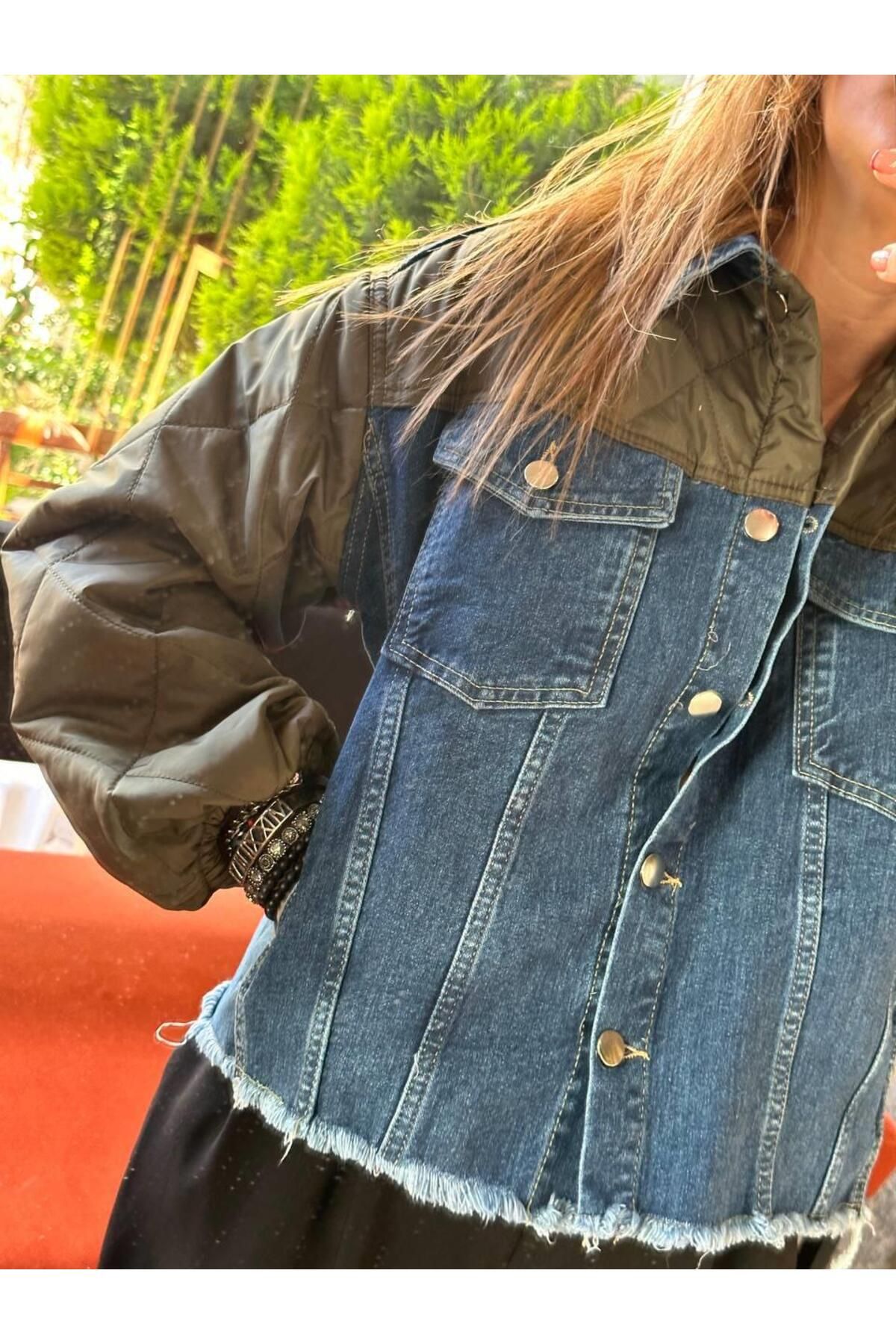 RİVERDİ-Women's Khaki Quilted Detailed Denim Jacket 2