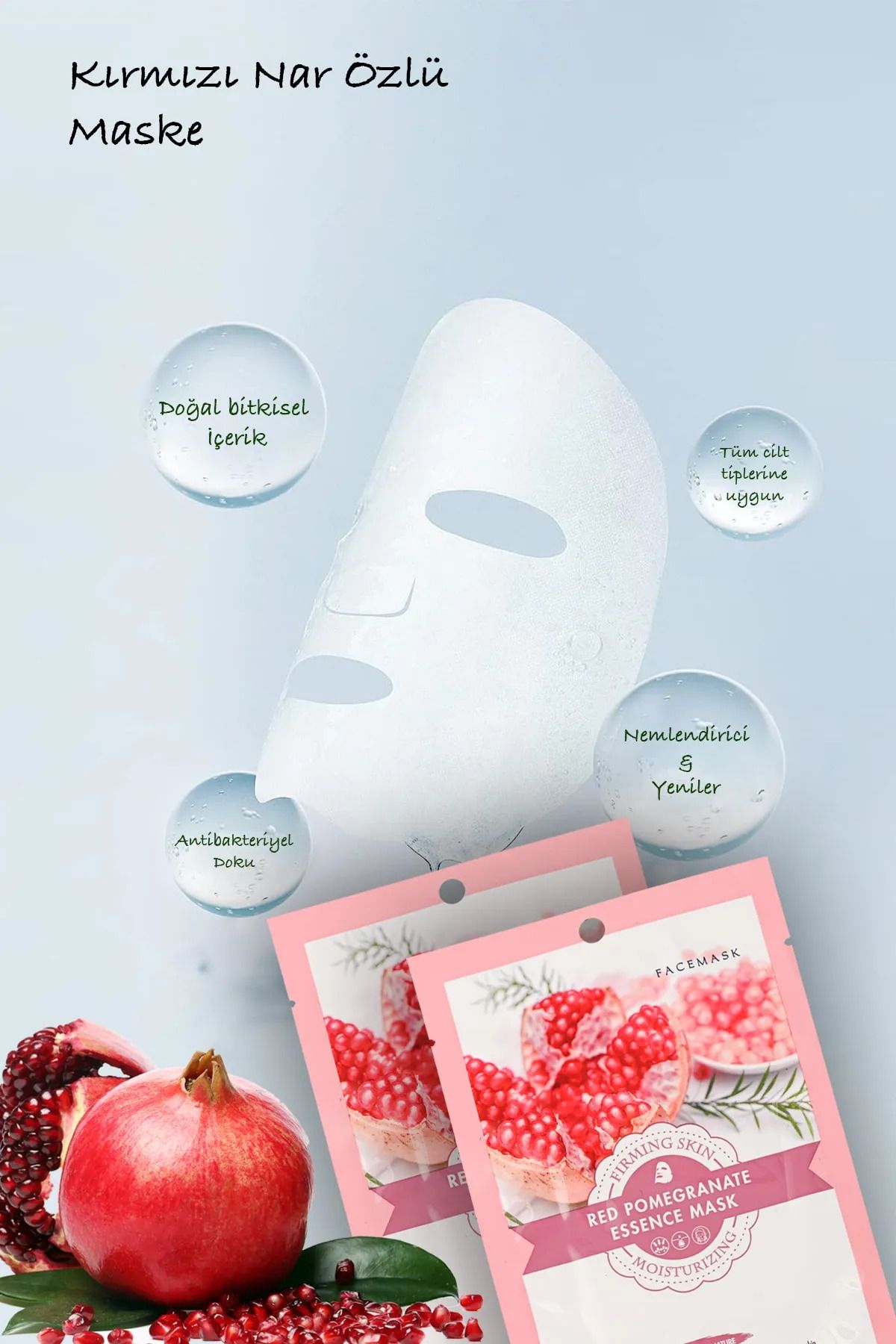 QNİAY-Red Pomegranate Facial Care Mask High Moist Dry Skin 1pc 30ml Pomegranate Extract Mask Home Facial Care 5