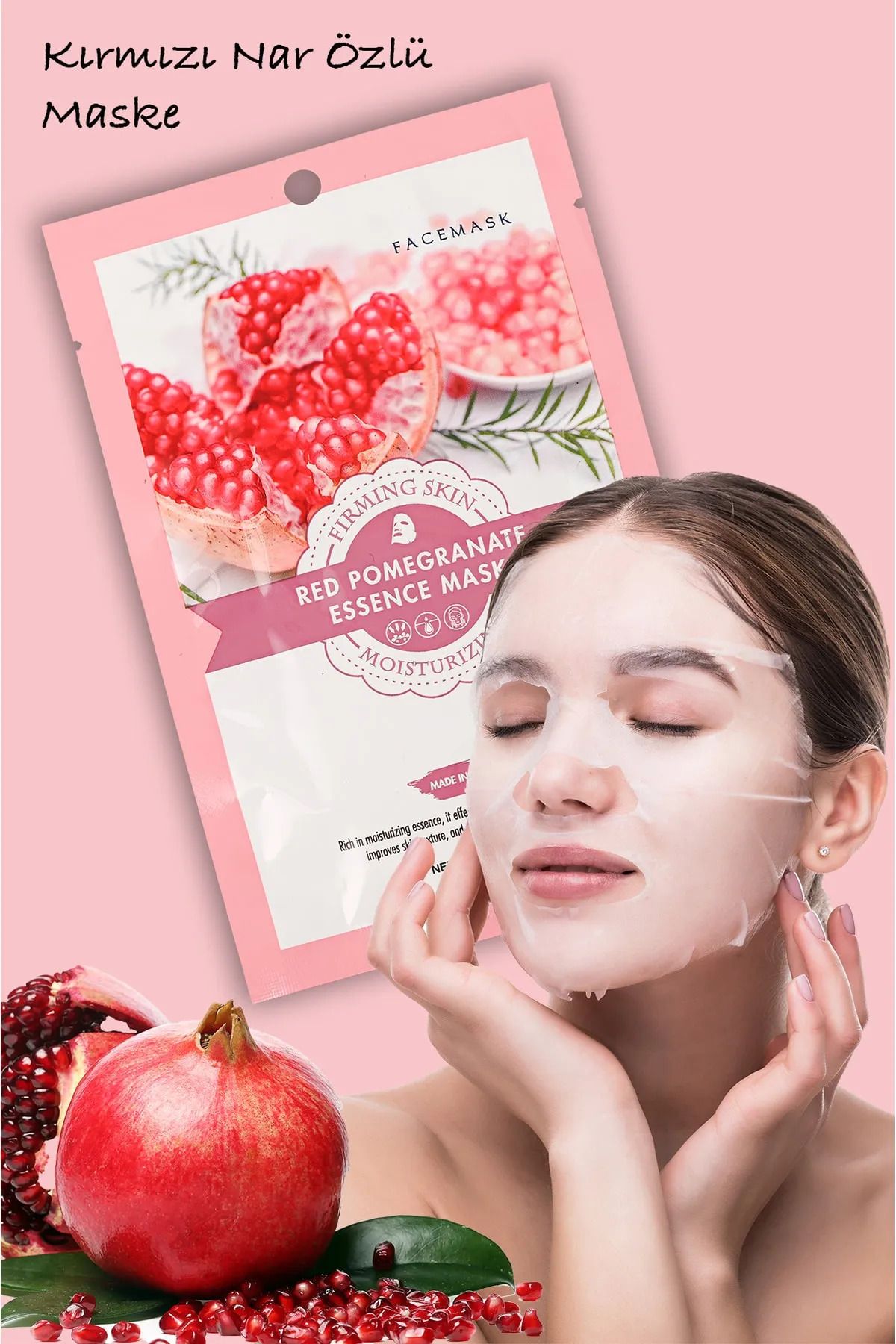 QNİAY-Red Pomegranate Facial Care Mask High Moist Dry Skin 1pc 30ml Pomegranate Extract Mask Home Facial Care 3