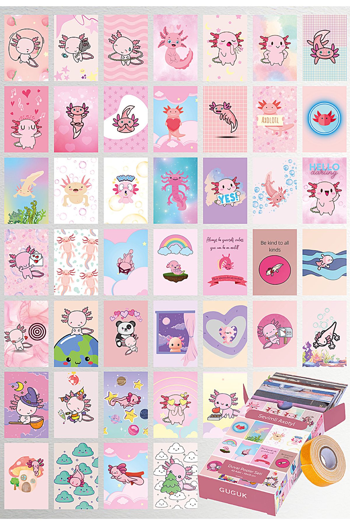 GUGUK-45 Pieces Cute Axolotl Poster Set - with Special Design Box 1