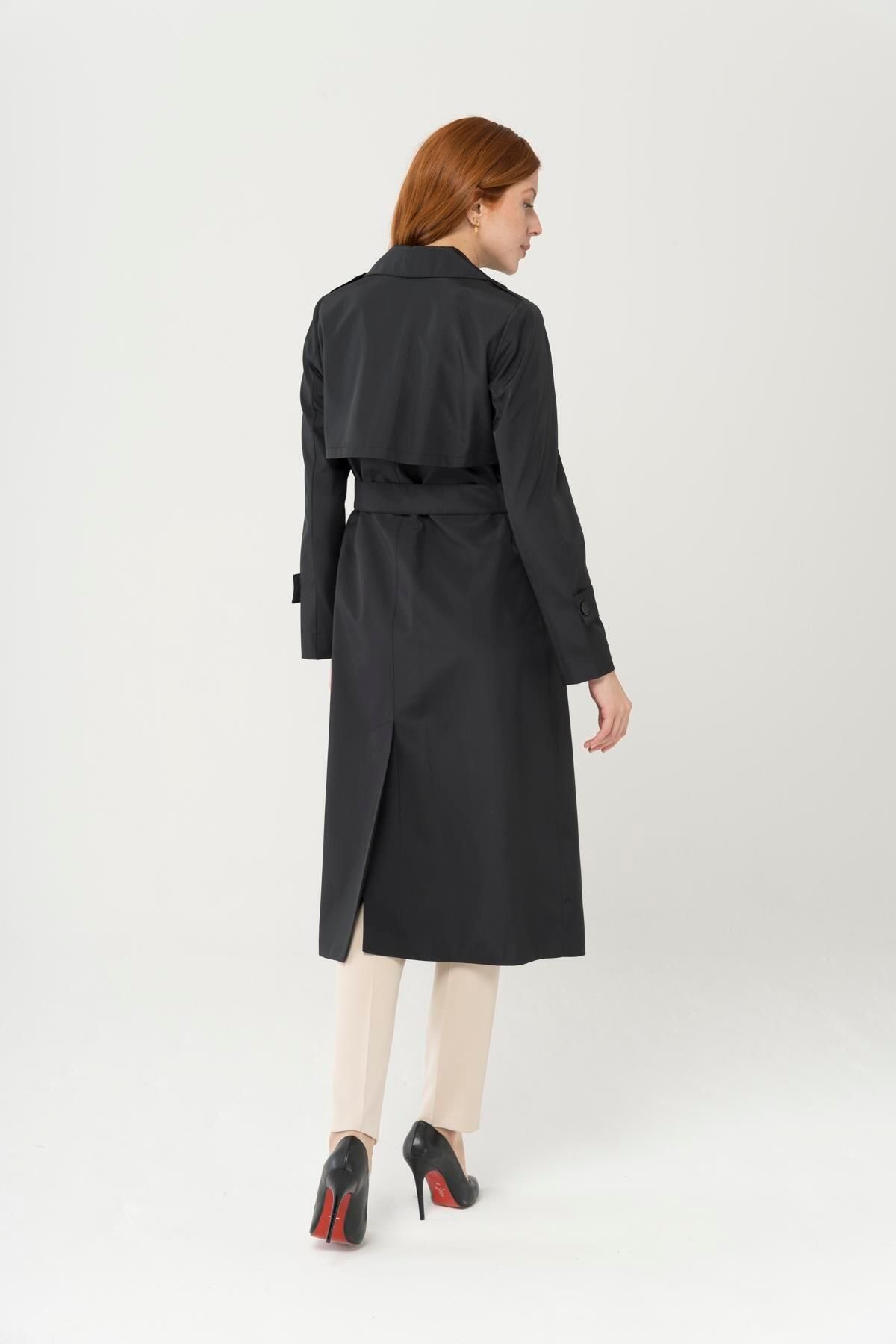 Olcay Zipper Pocket Epaulette Detailed Trench Coat Black 4283
