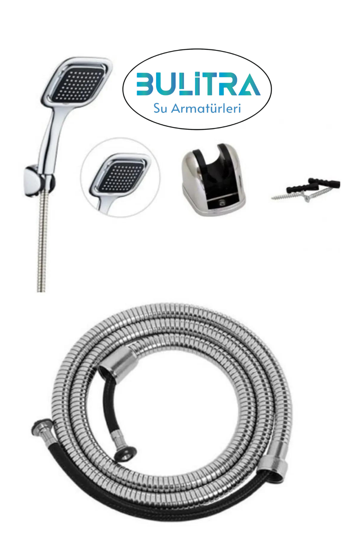 BULİTRA Su Armatürleri Kare Mafsallı Duş Başlığı + Örgülü Spiral Duş Hortumlu Duş Seti