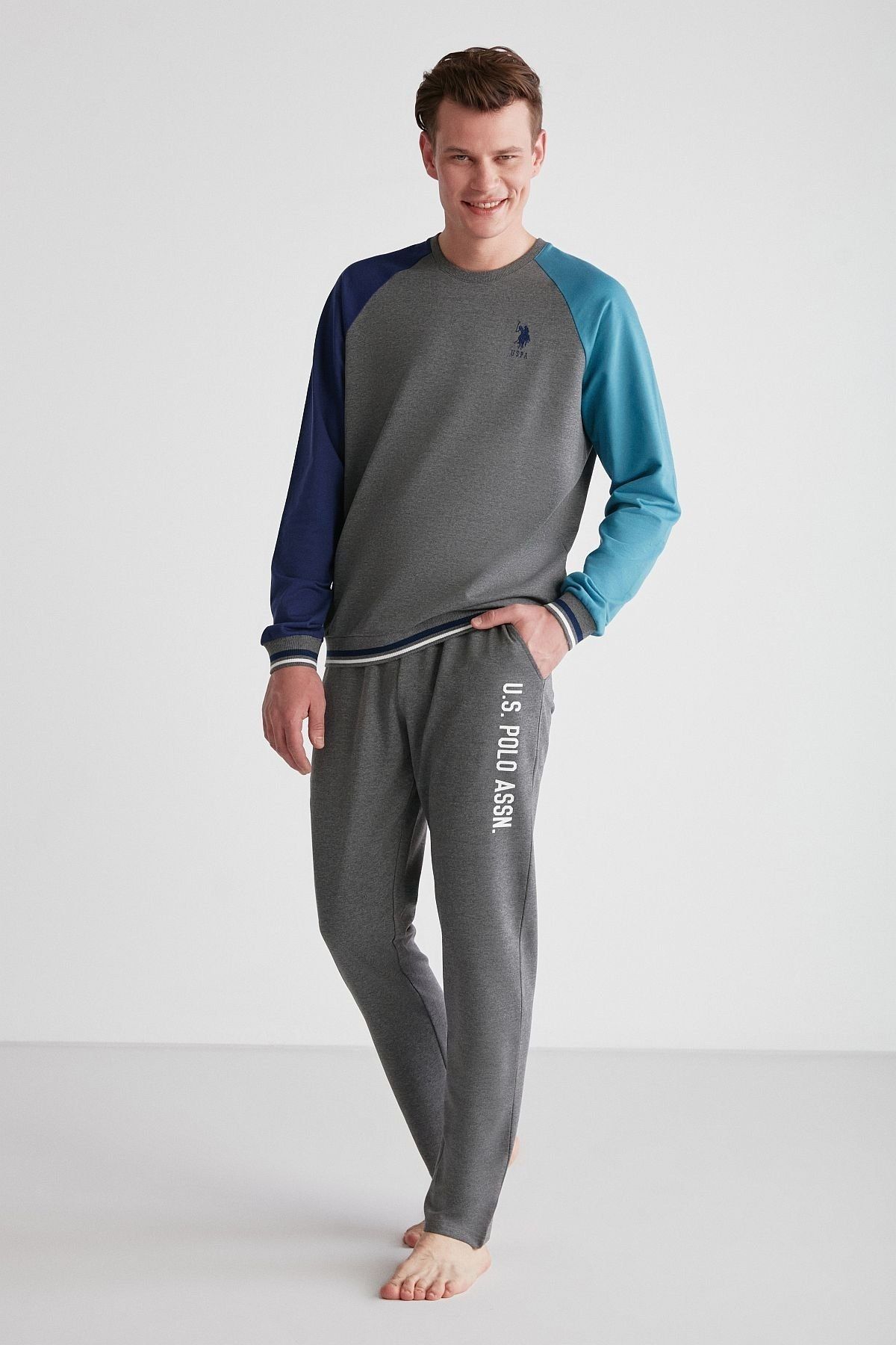 U.S. Polo Assn. US POLO LICENSED CYCLED NECK 100 COTTON LONG SLEEVE MEN S PAJAMAS SUIT 18718 Trendyol