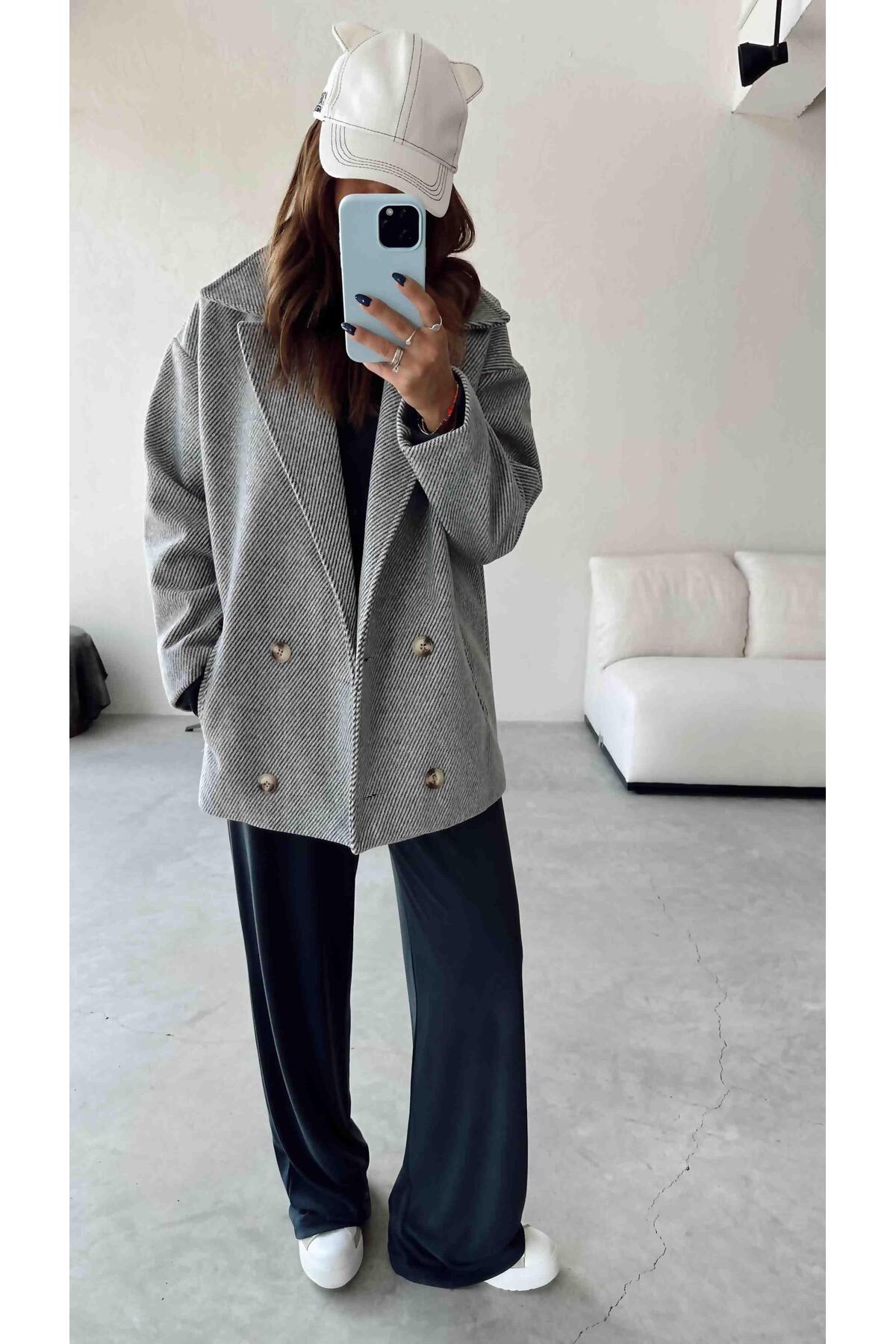 Gray Striped Oversize Coat
