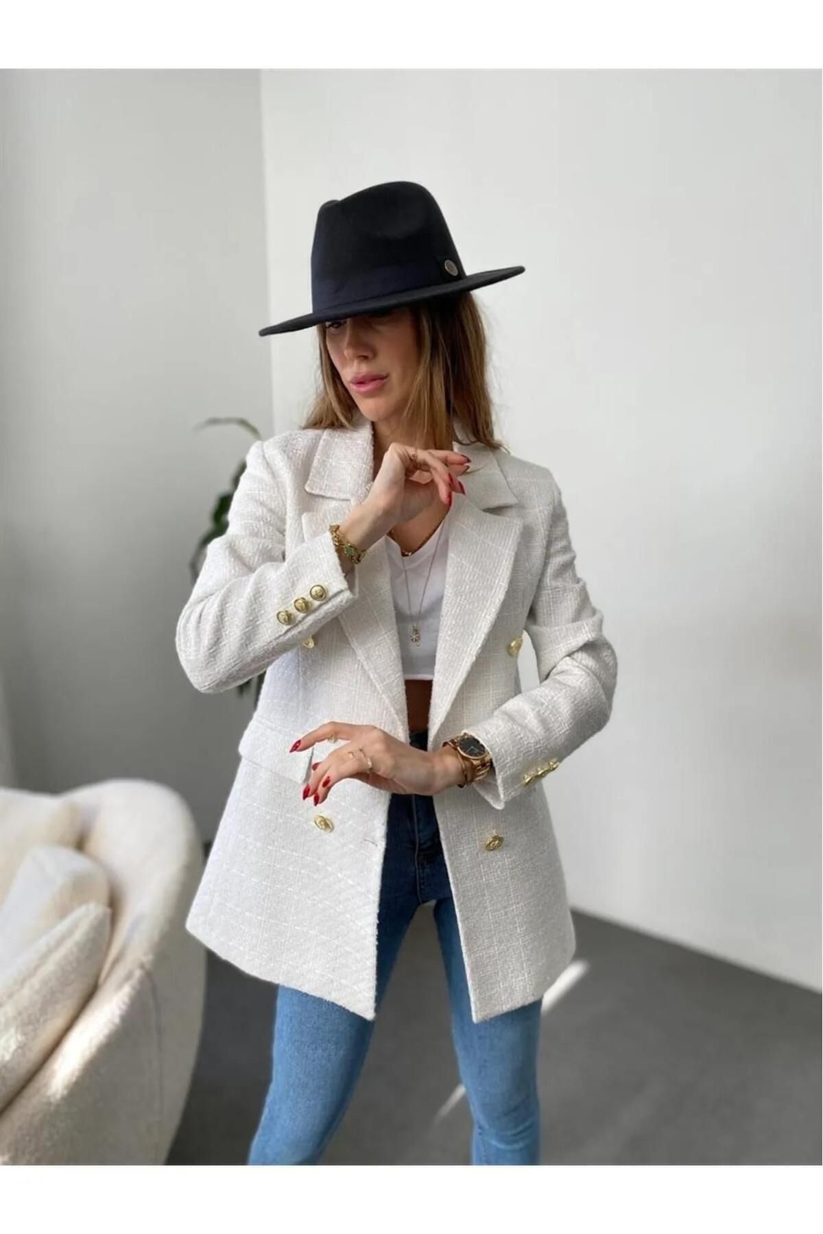 HASYAMORE-PREMIUM GOLD GOMB RÉSZLETEK HOSSZÚ TWEED NŐI KÜLÖNLEGES TERMÉK Blézerkabát 2