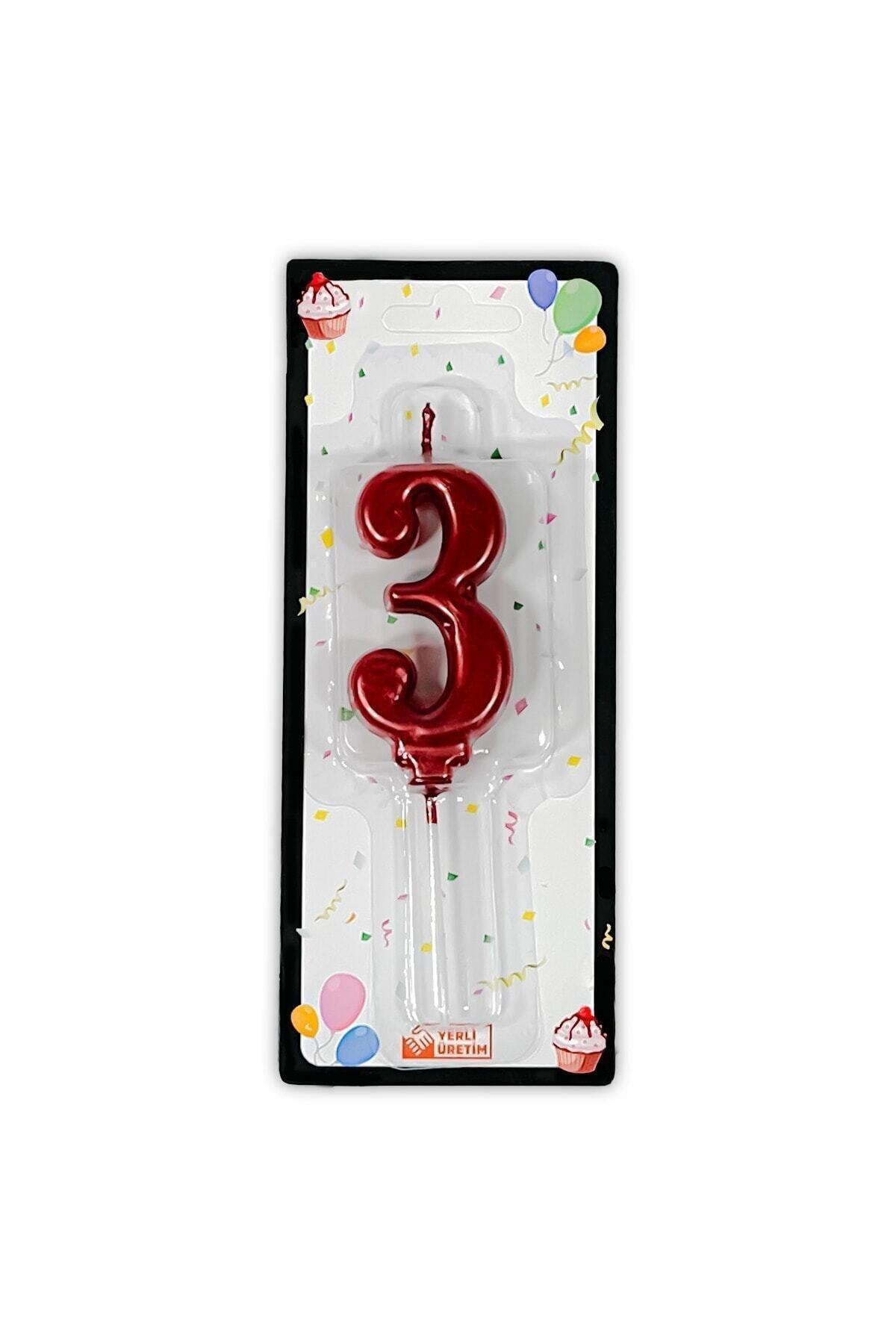 Genel Markalar Üç 3 Sayı Rakam Mum Metalik Kırmızı Renk Yaş Pasta Mumu Doğum Günü