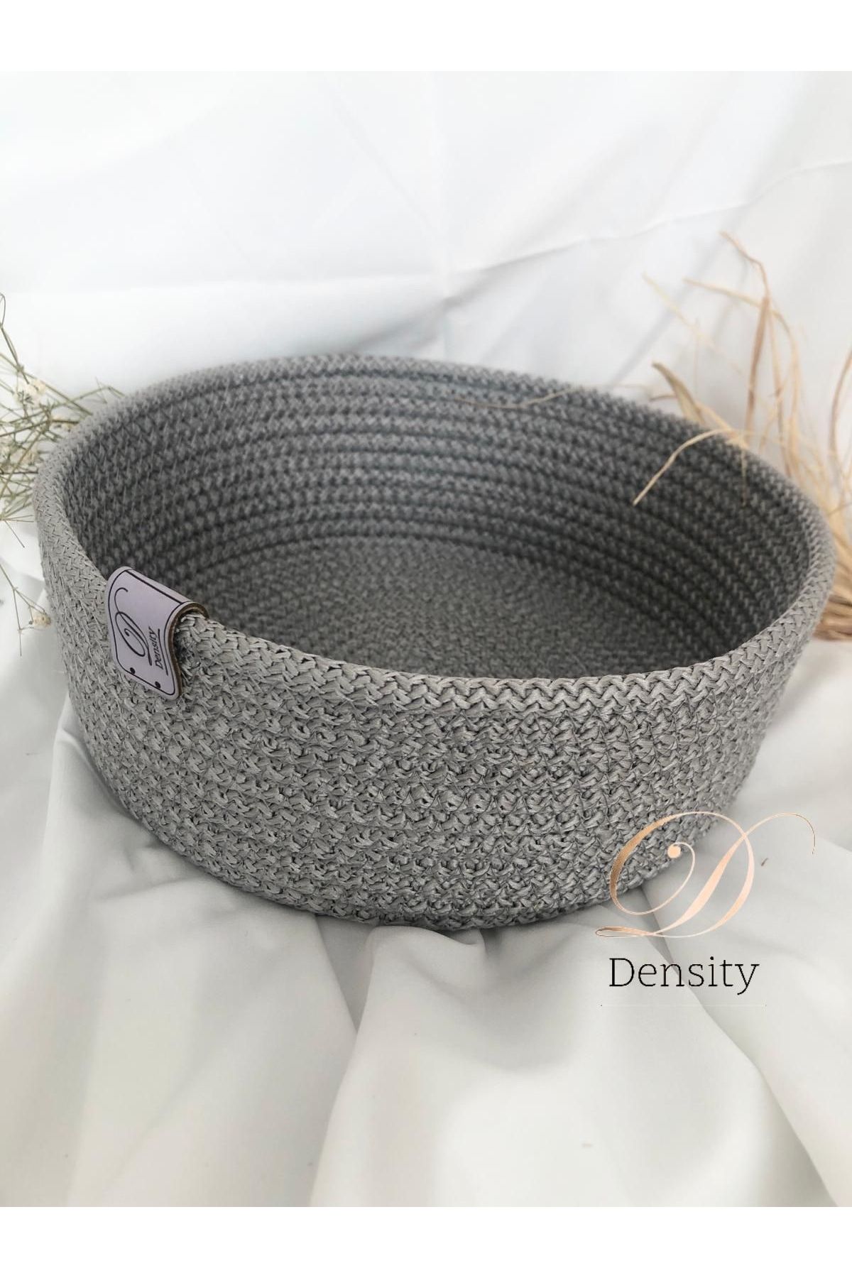 Gray wicker storage baskets top