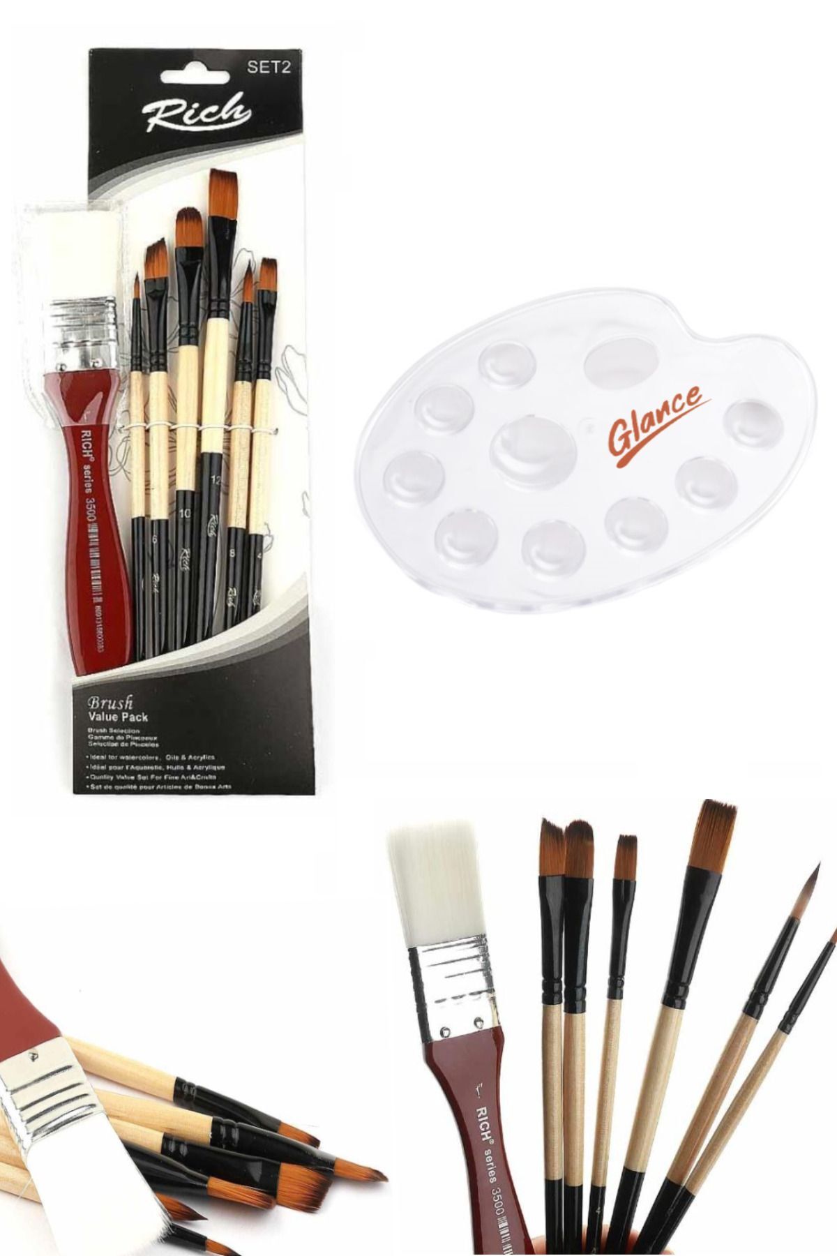 GLANCE Profesyonel 7'li Karma Fırça Set Ve Şeffaf Plastik Palet 19x26 cm