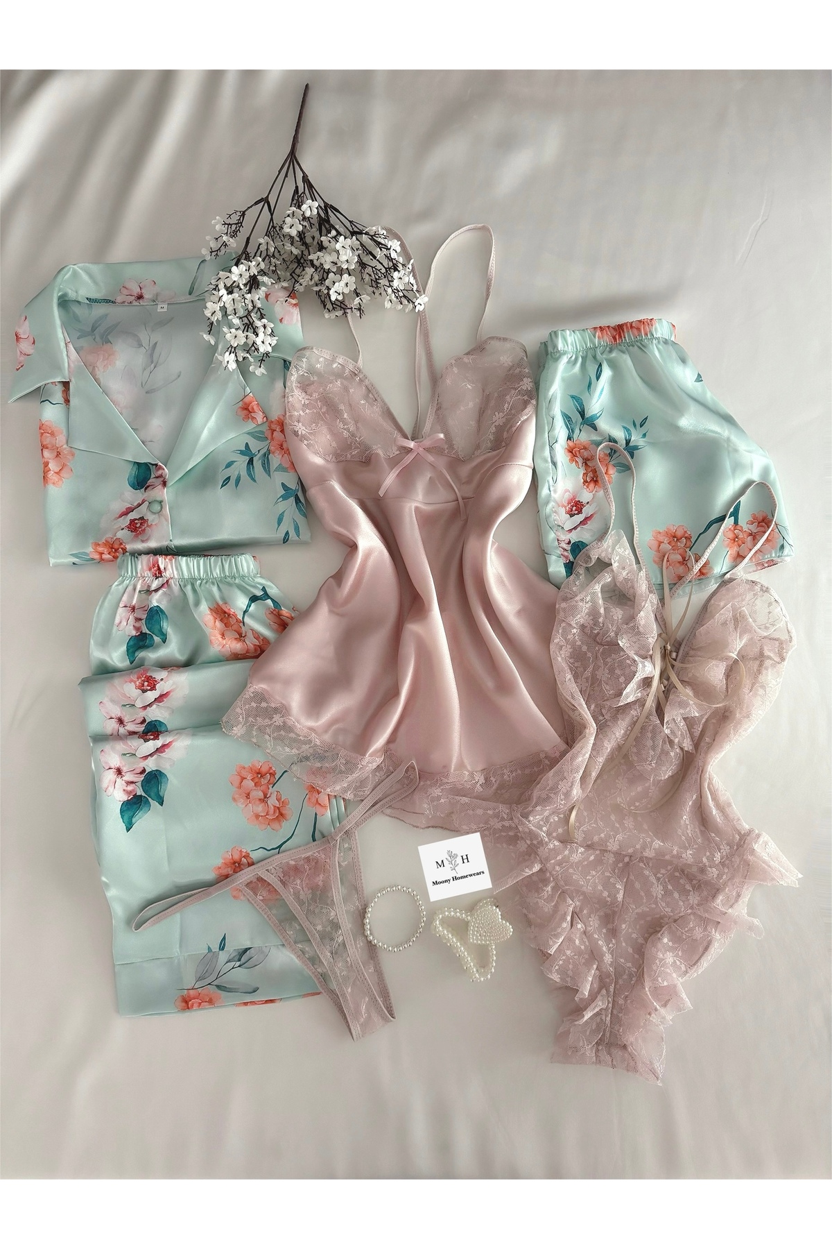 MH Moony Homewears 6-Piece Baqalle Satin Pajamas Underwear Dowry Set