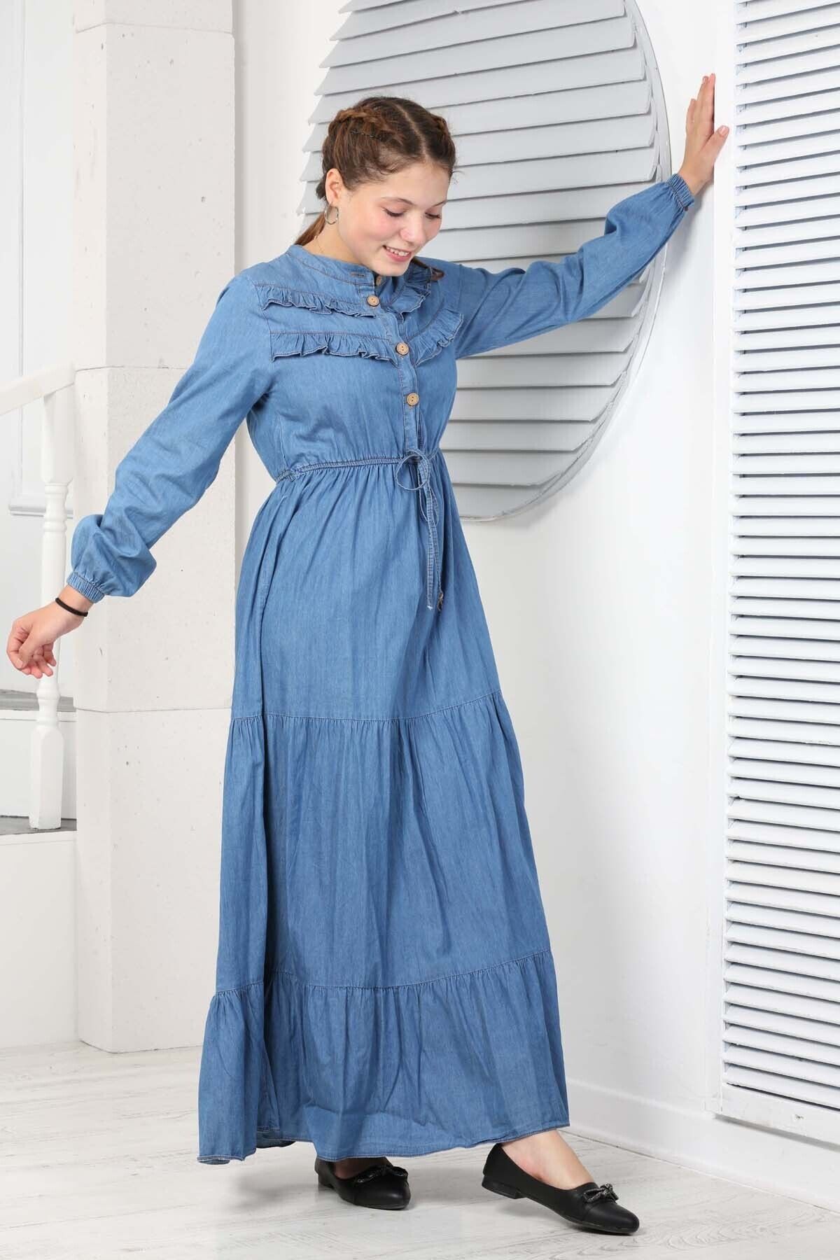Jannock Young Girl s Long Sleeve Hijab Denim Dress Trendyol