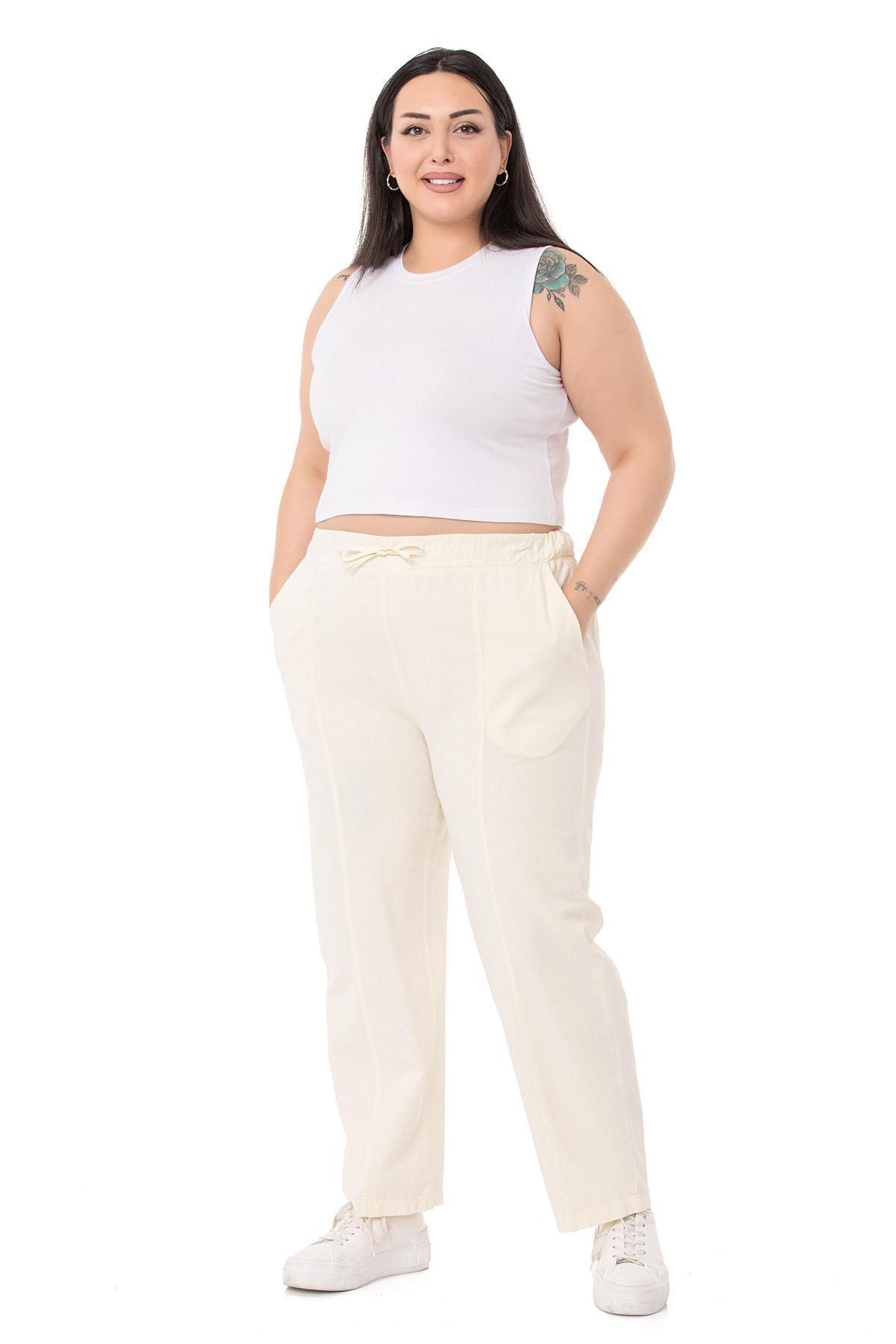 DISENTIS MODEST-Plus Size Ecru Trousers with Elastic Waist and Rope Drawstring Detail 2