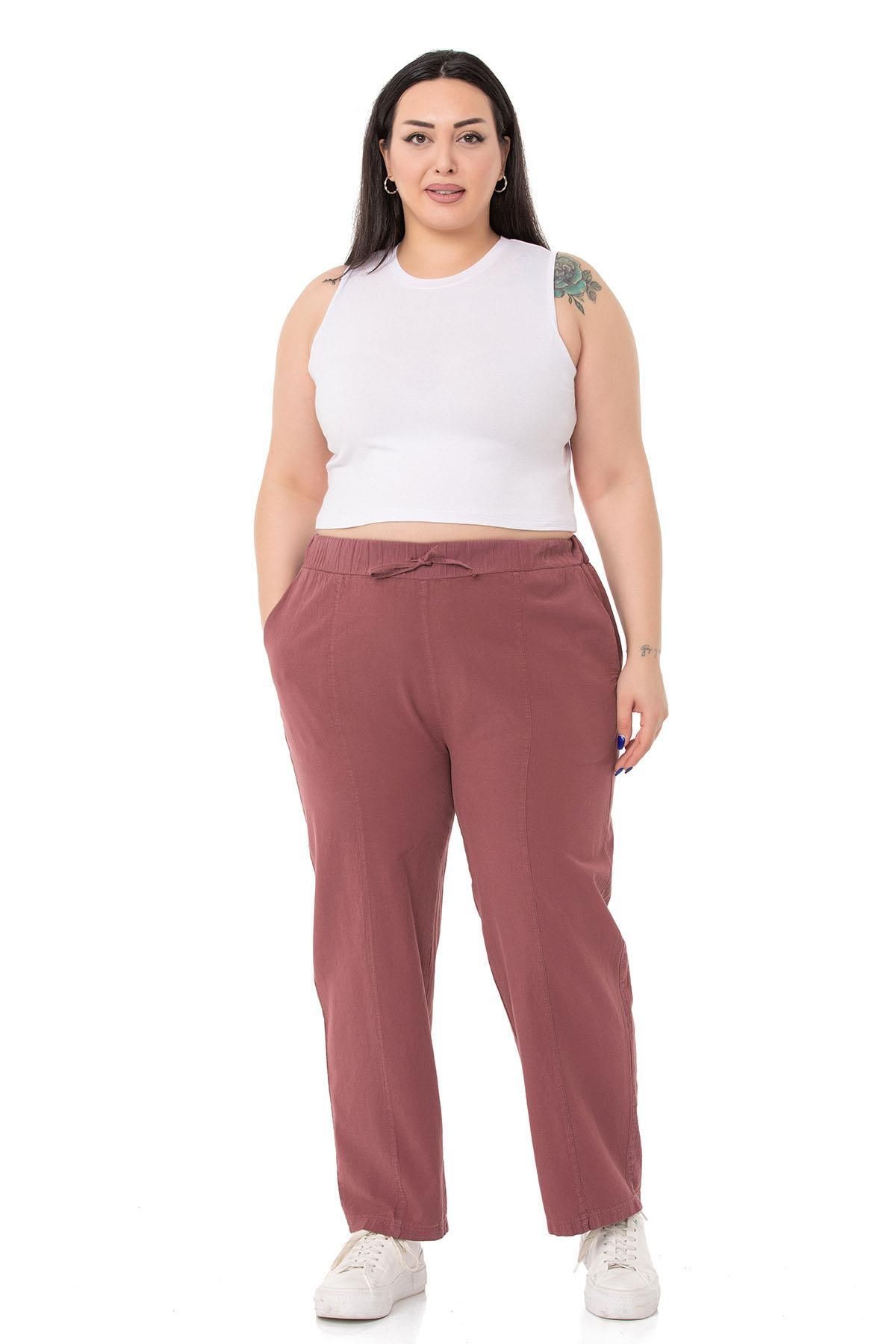 DISENTIS MODEST-Plus Size Plum Trousers with Elastic Waist and Rope Drawstring Detail 2