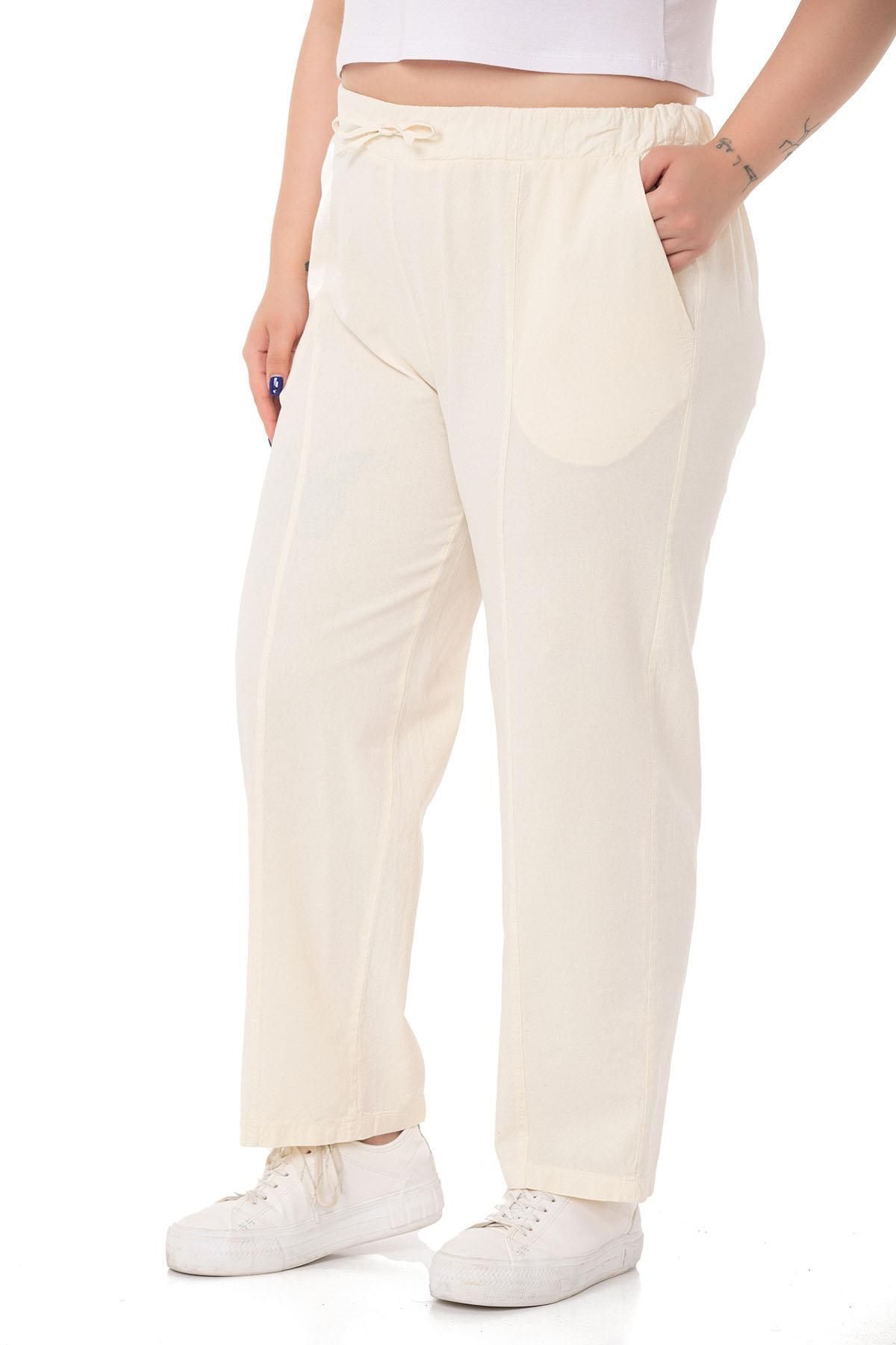 DISENTIS MODEST-Plus Size Ecru Trousers with Elastic Waist and Rope Drawstring Detail 5