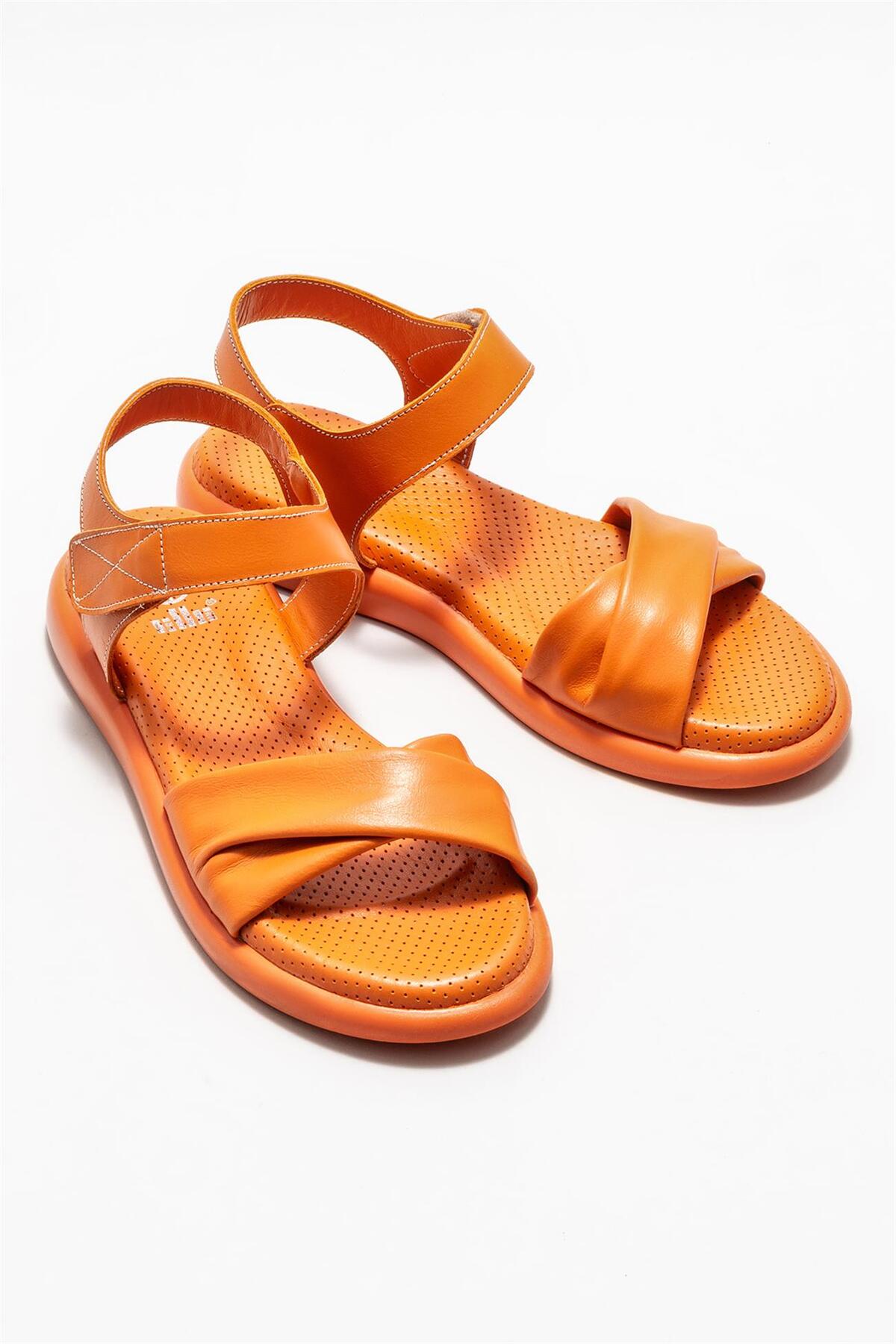 صندل Elle Shoes تخت زنانه چرم طبیعی نارنجی اورجینال - تصویر 2