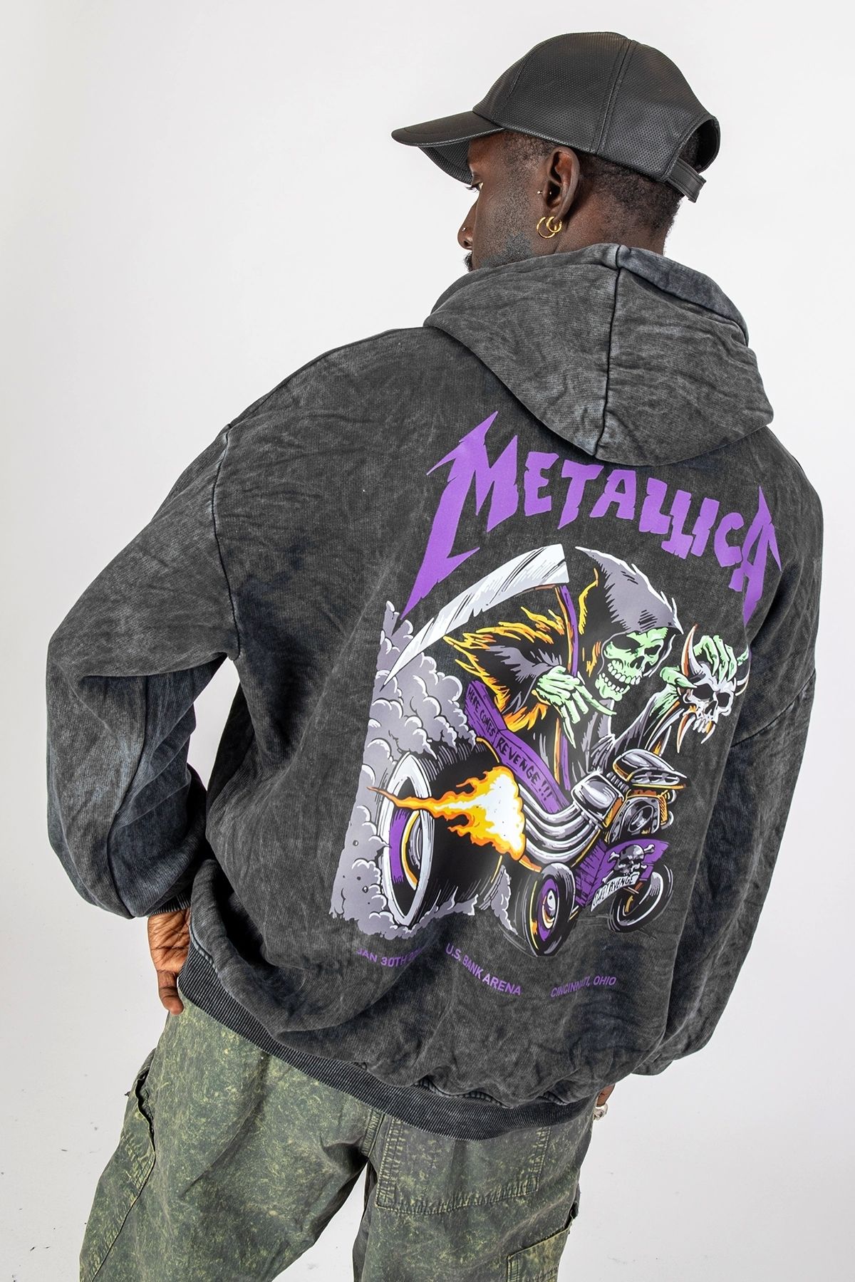 Sekizbiralt Washed Black Metallica Purple Back Printed Oversize
