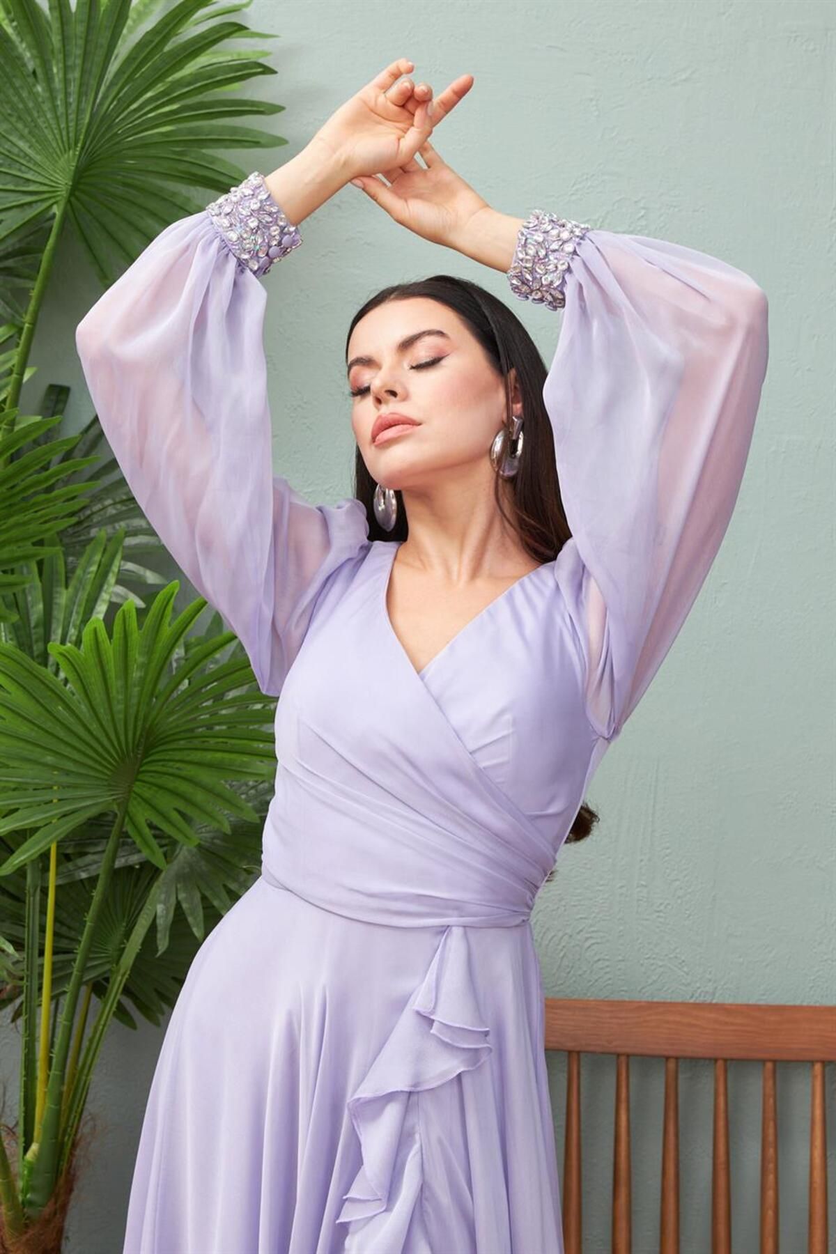 CARMEN Lilac Chiffon Sleeves Stone Long Evening Dress and Prom