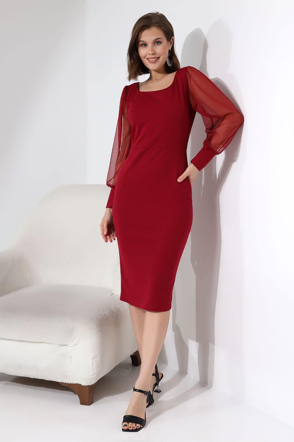 Bordo Yuvarlak Yaka Balık Elbise F116