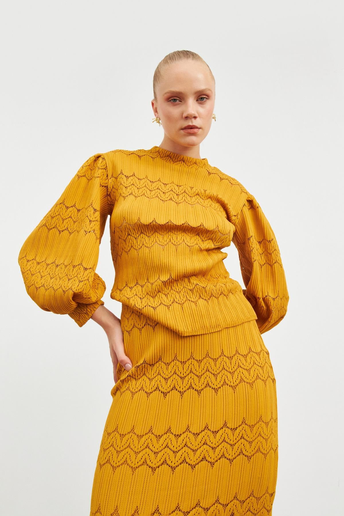 Setre Mustard Patterned Knitwear Skirt Suit Trendyol
