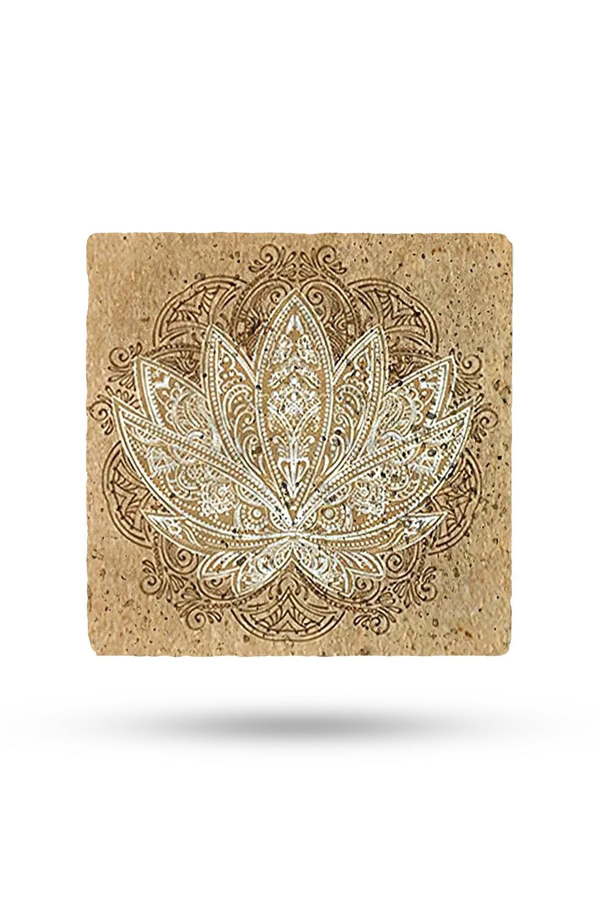 Begoloni Stone Decor Doğal Taş Nihale 20x20cm Lotus Çiçeği Baskılı Taş Çaydanlık Altlığı-tencere Tava Altlığı
