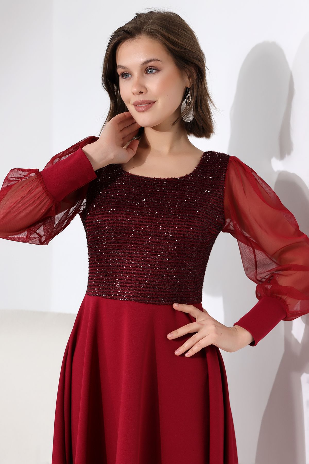 BORDO Simli Yuvarlak Yaka Elbise F119