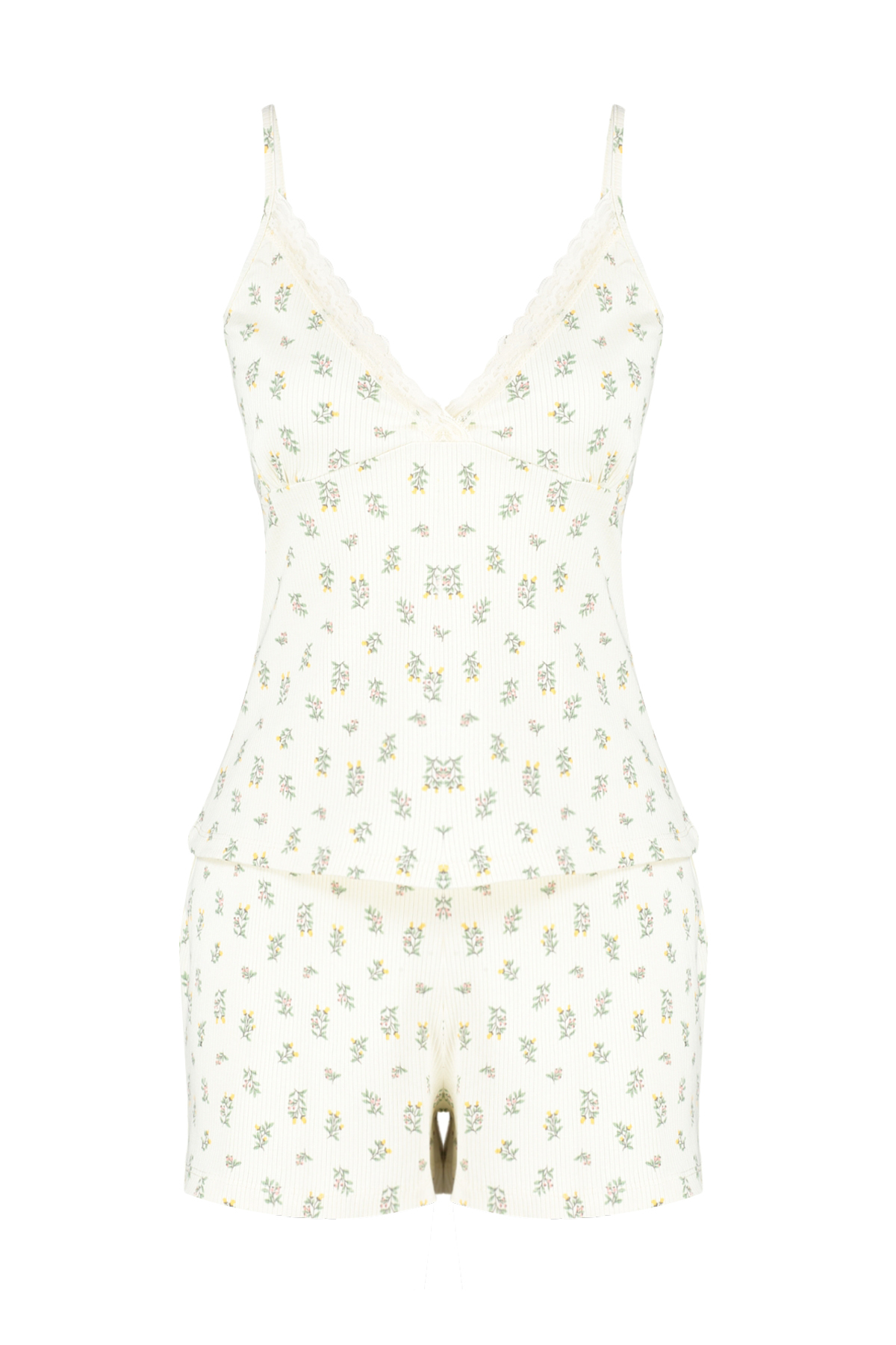 Trendyolmilla  Ekru Pamuklu Çiçekli Dantelli İp Askılı Fitilli Şortlu Örme Pijama Takımı THMSS24PT00062 - Görsel 8