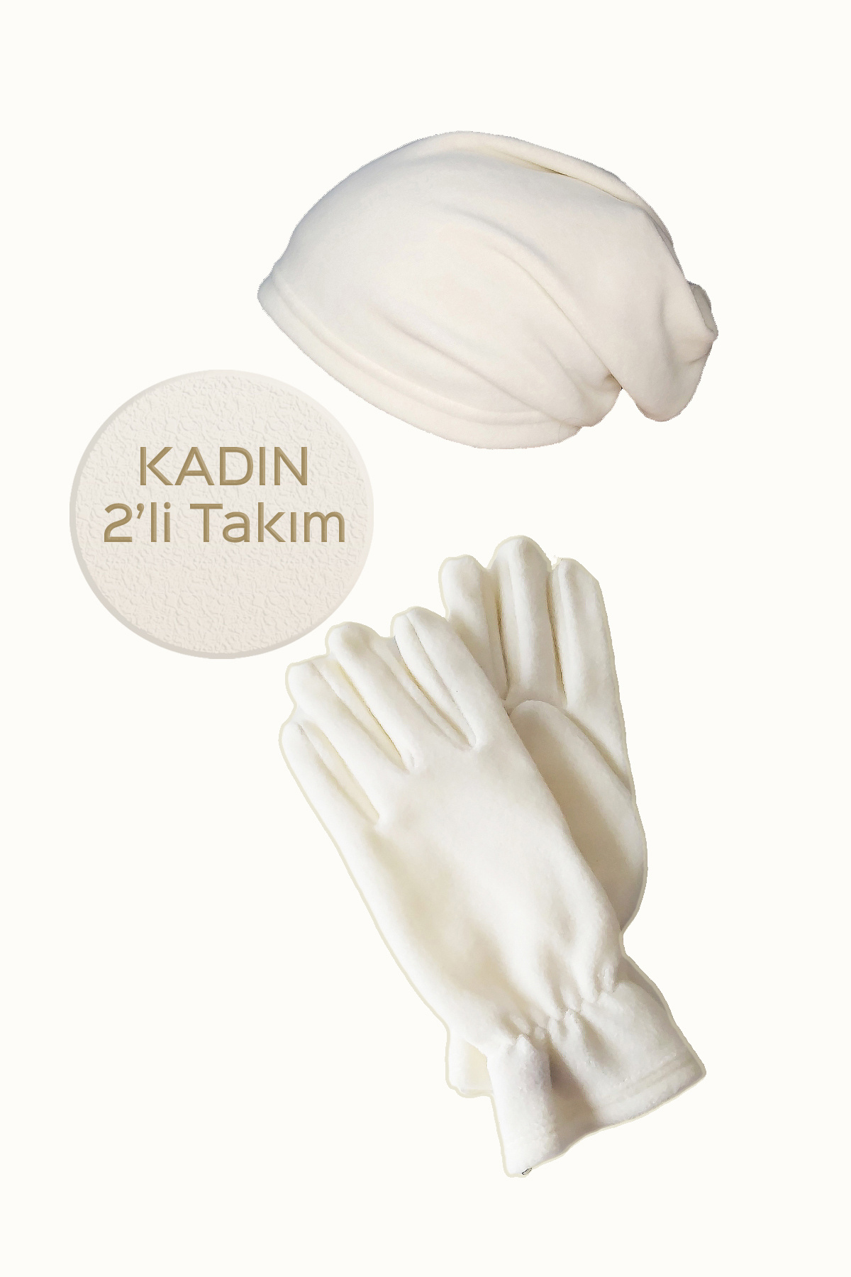 Mrey Kadın Ekru Termal Kışlık Polar Parmakları Kapalı Eldiven İpli Bere Boyunluk Şapka Olabilen 2'li Set