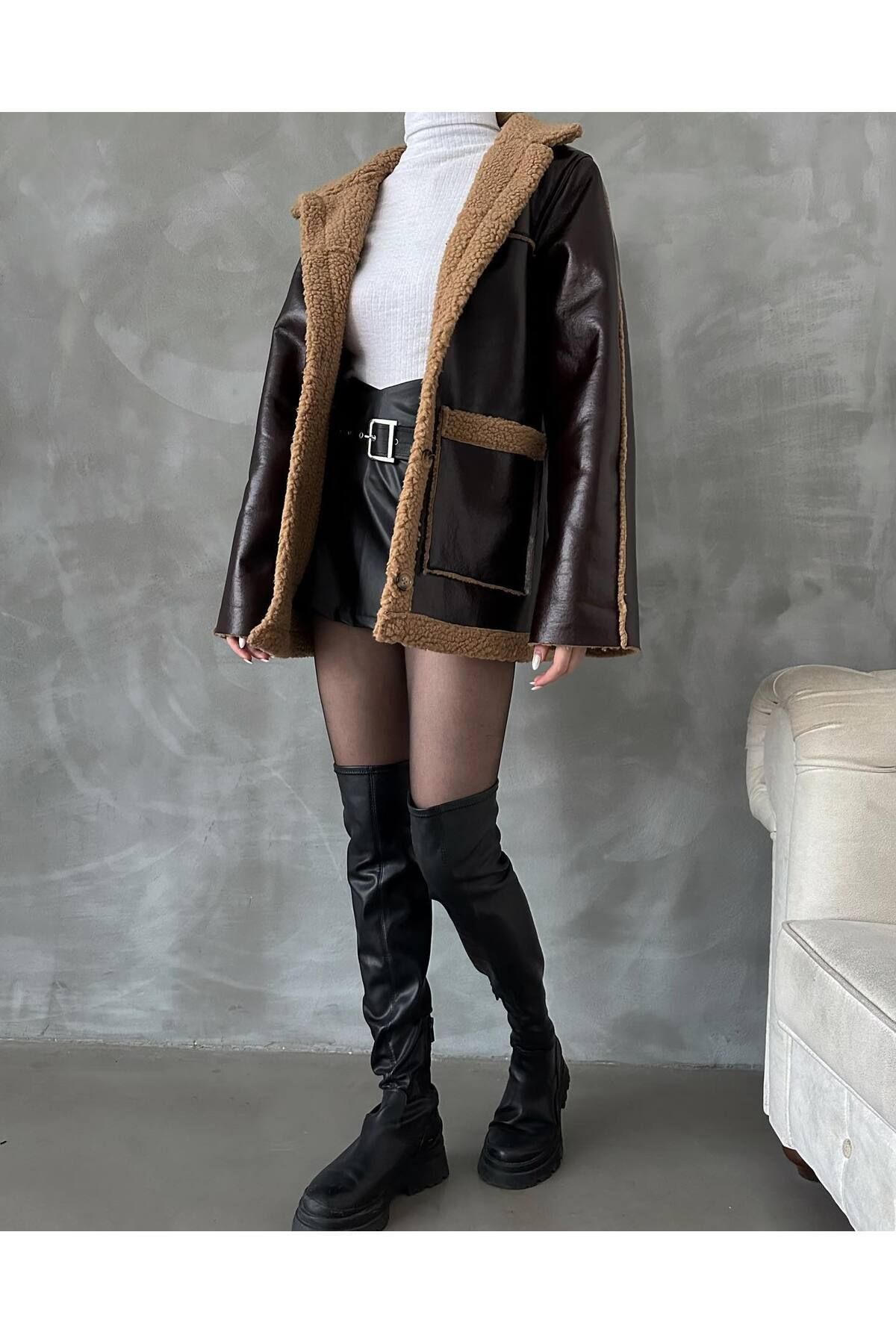 WoolnClyde Women s Brown Deep Pocket Detail Short Buttoned Fur