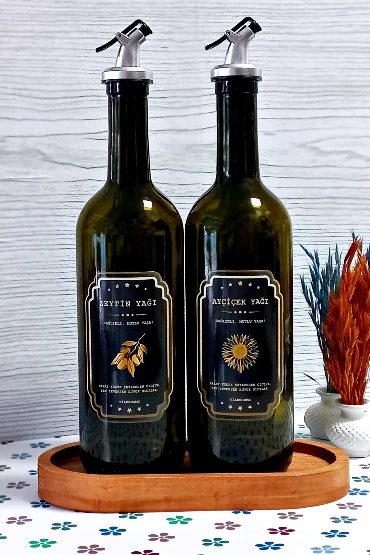 Wooden Stand 2-Piece 750 Ml Oil Can Set Marasca Olive Oil Liquid Oil Bottle with Silver Lid