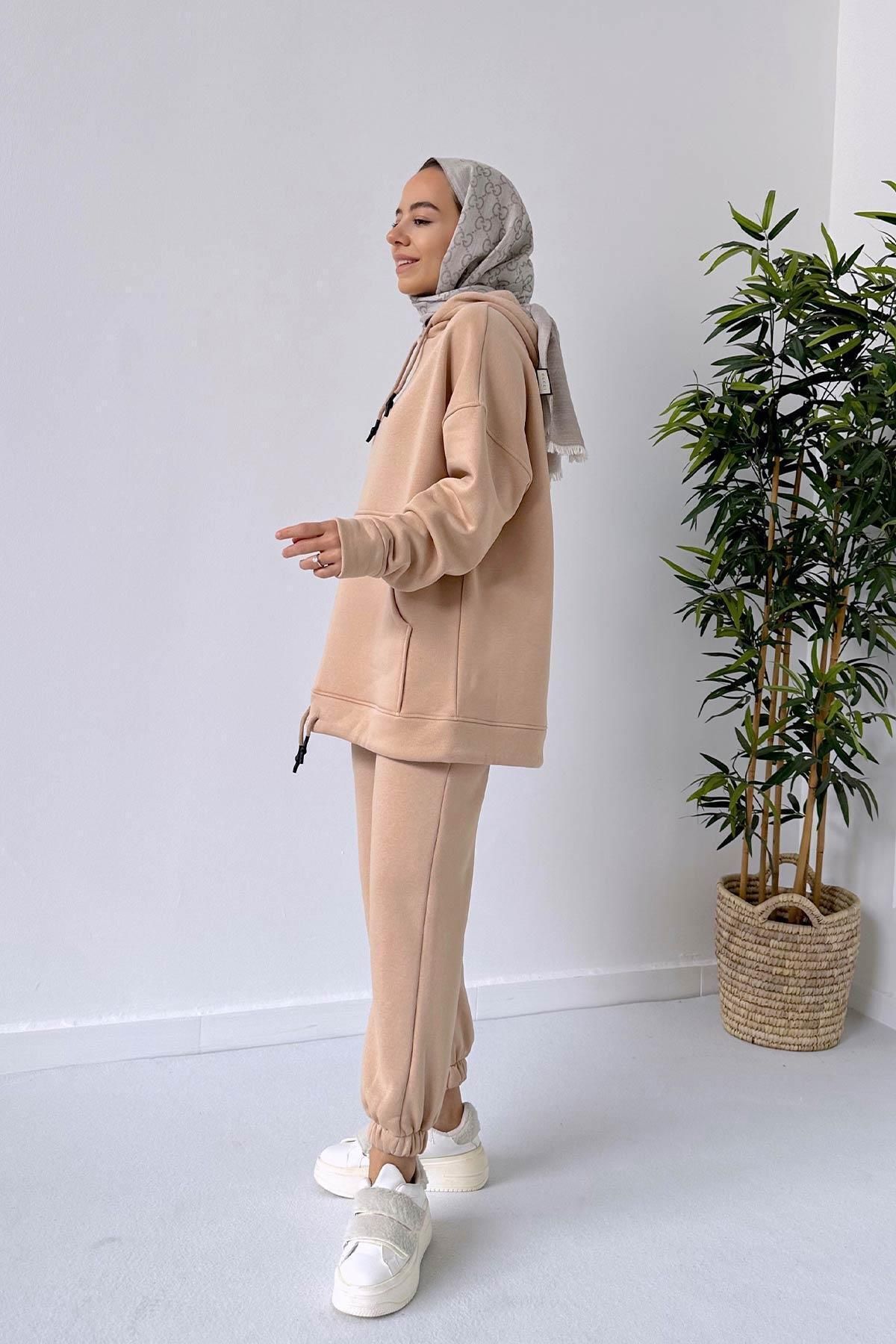 Ka Hijab-3 Thread Hijab Tracksuit Set with Elastic Ankle - Camel 2