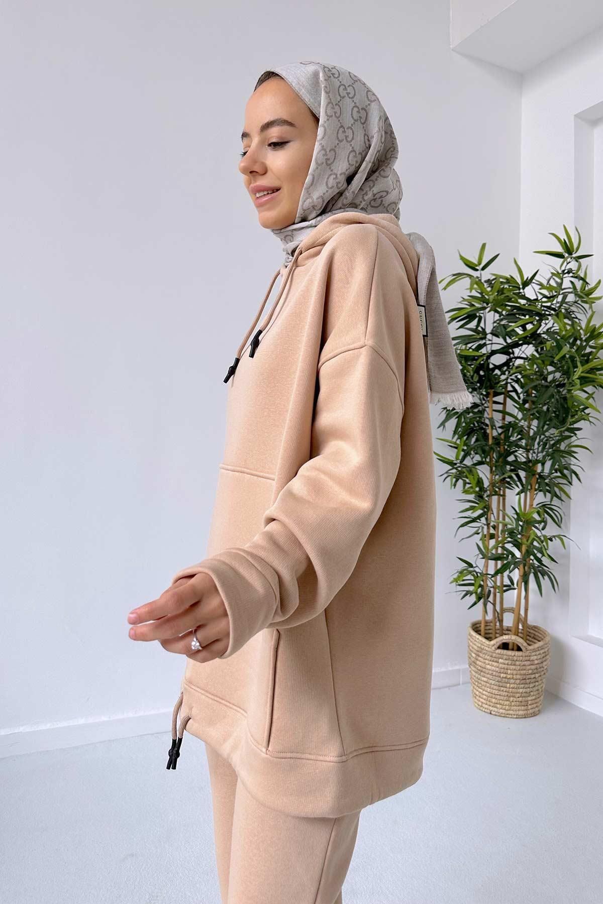 Ka Hijab-3 Thread Hijab Tracksuit Set with Elastic Ankle - Camel 4