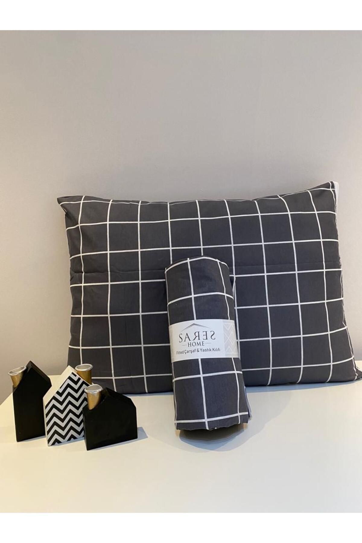 Sares Home-Geometric Pattern Smoked Square Plaid Single Ranforce Elastic Sheet Set (100X200) 3