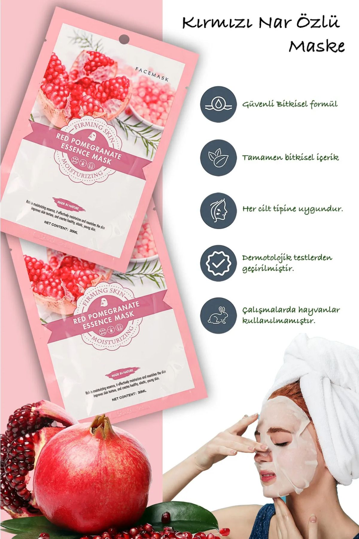 QNİAY-Red Pomegranate Facial Care Mask High Moist Dry Skin 1pc 30ml Pomegranate Extract Mask Home Facial Care 2
