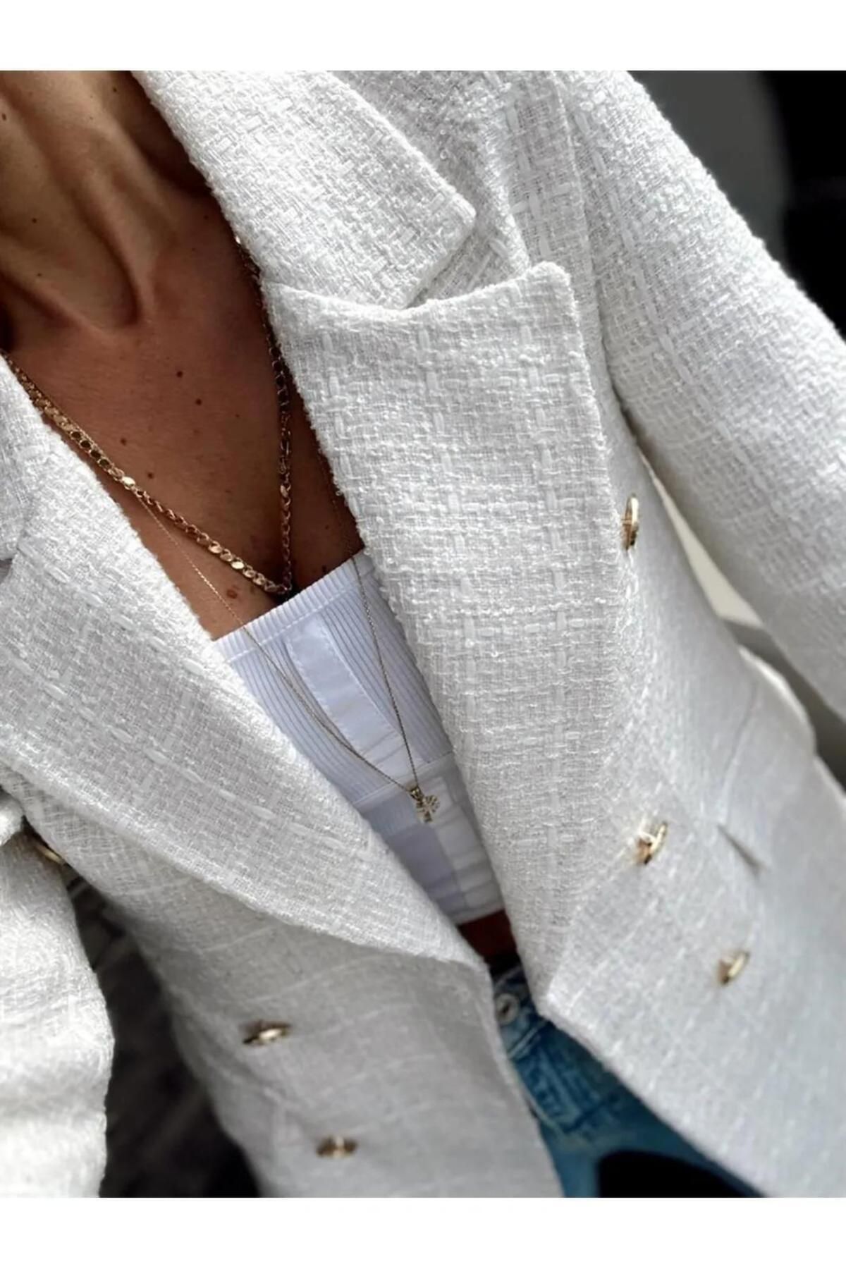 HASYAMORE-PREMIUM GOLD GOMB RÉSZLETEK HOSSZÚ TWEED NŐI KÜLÖNLEGES TERMÉK Blézerkabát 5