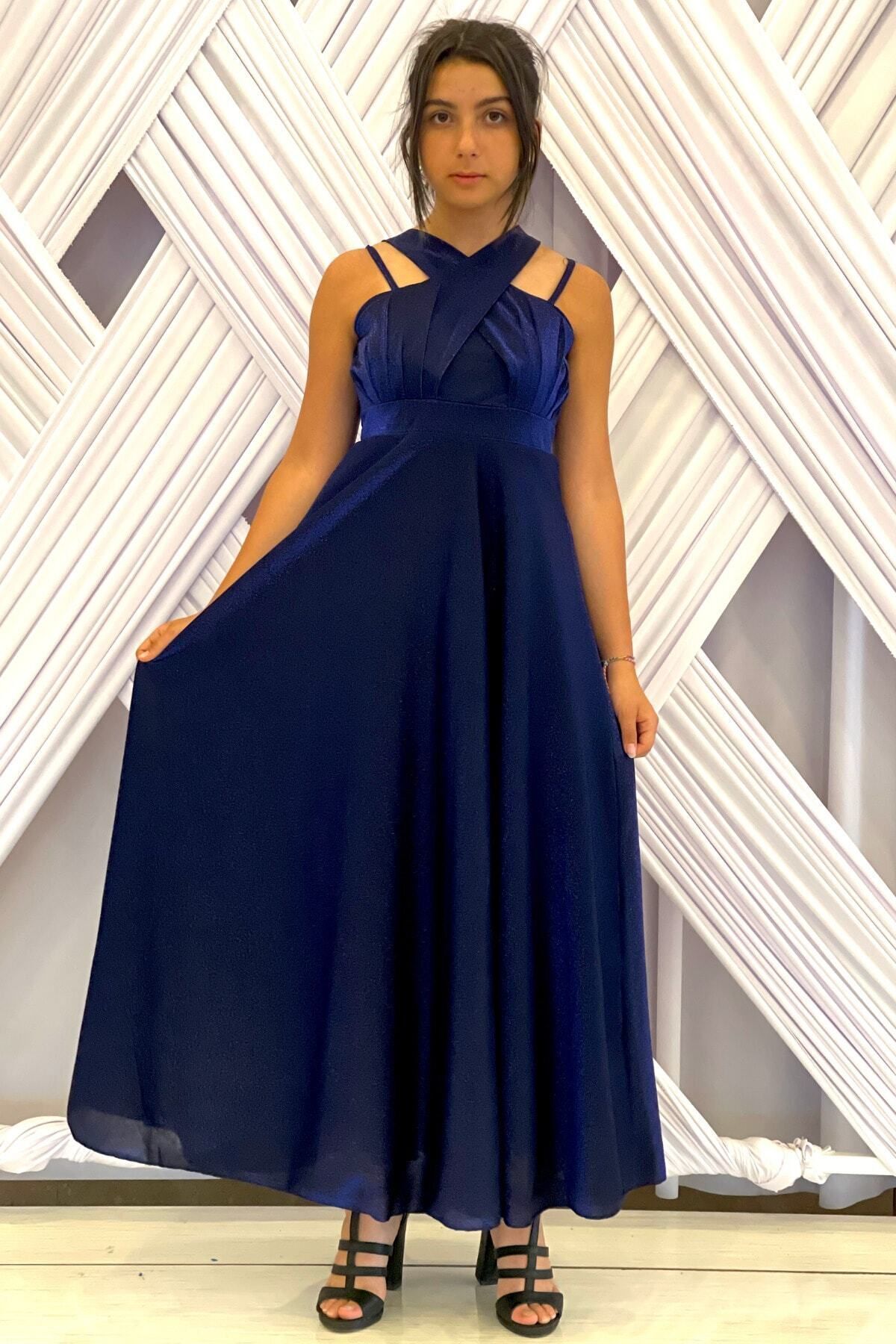 Dark blue halter top long gown online