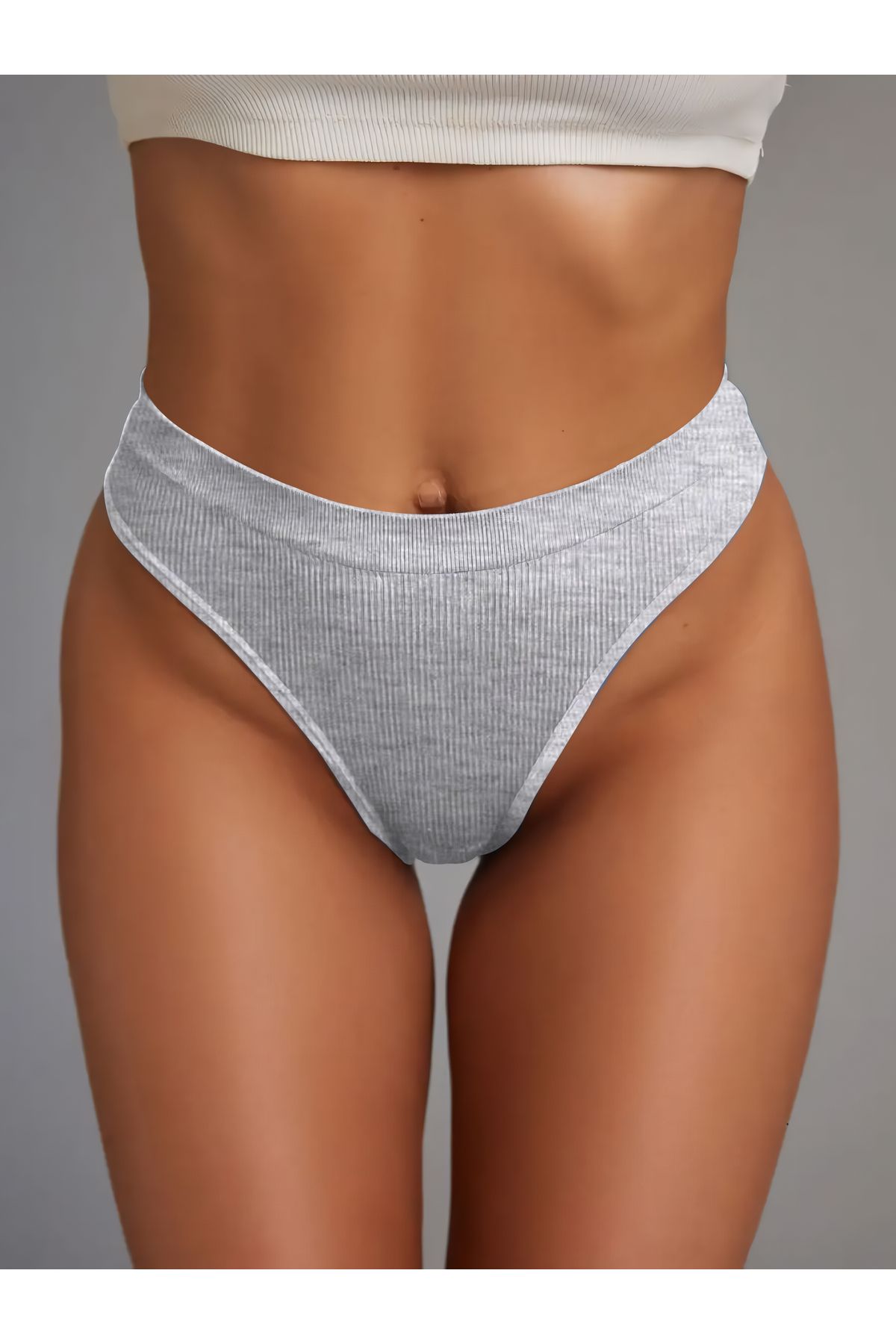 MİSTİRİK-Paulo Model Flexible and Soft Fabric Ribbed String Sports Panties Gray Color 3