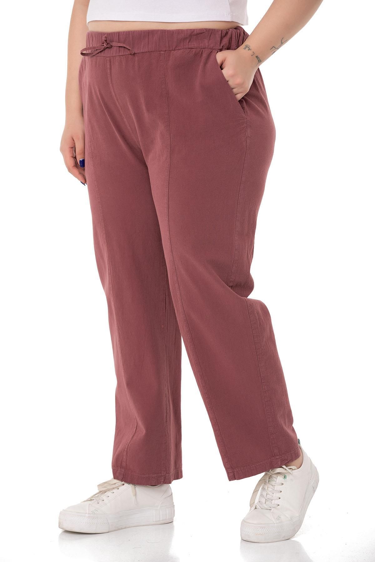 DISENTIS MODEST-Plus Size Plum Trousers with Elastic Waist and Rope Drawstring Detail 5