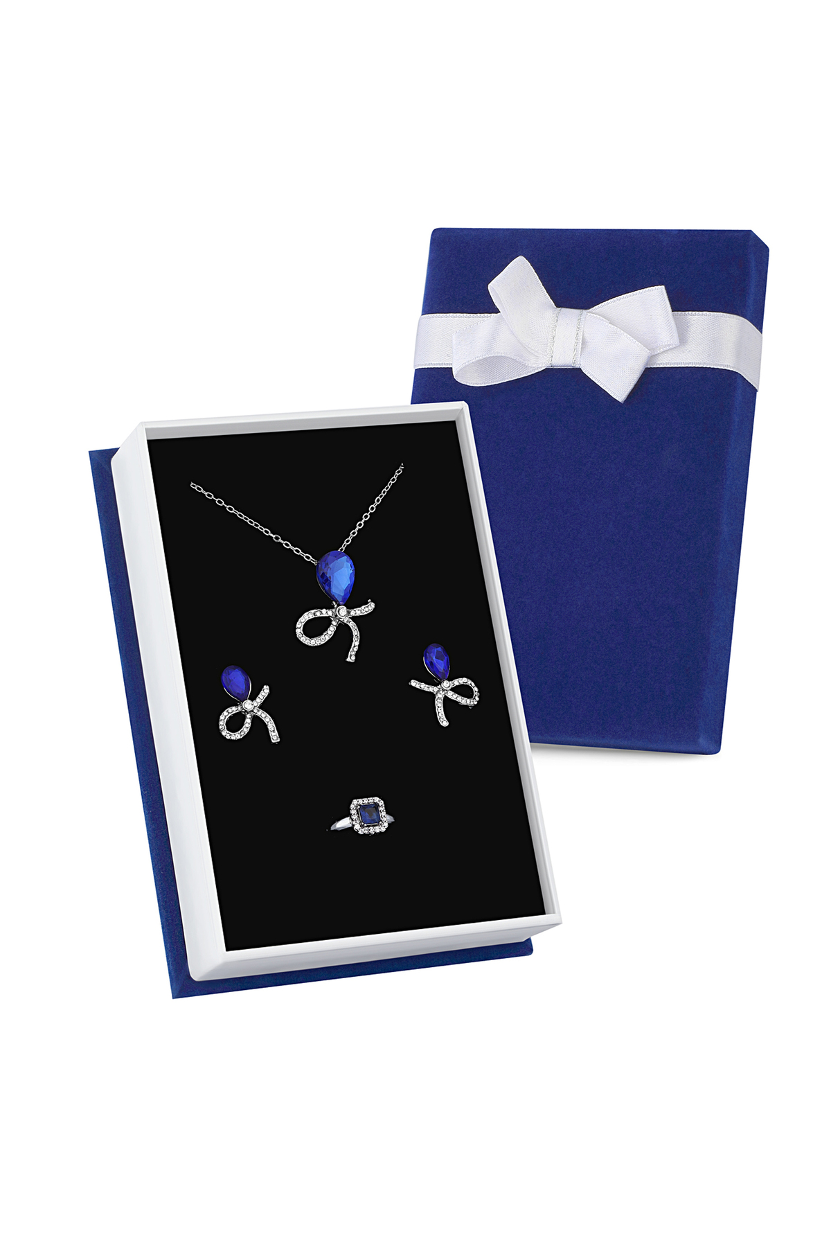 Forentina Gümüş Kaplama Lacivert Taşlı Kurdele Kolye Küpe Yüzük Lacivert Kadife Kutuda Hediye Set PS